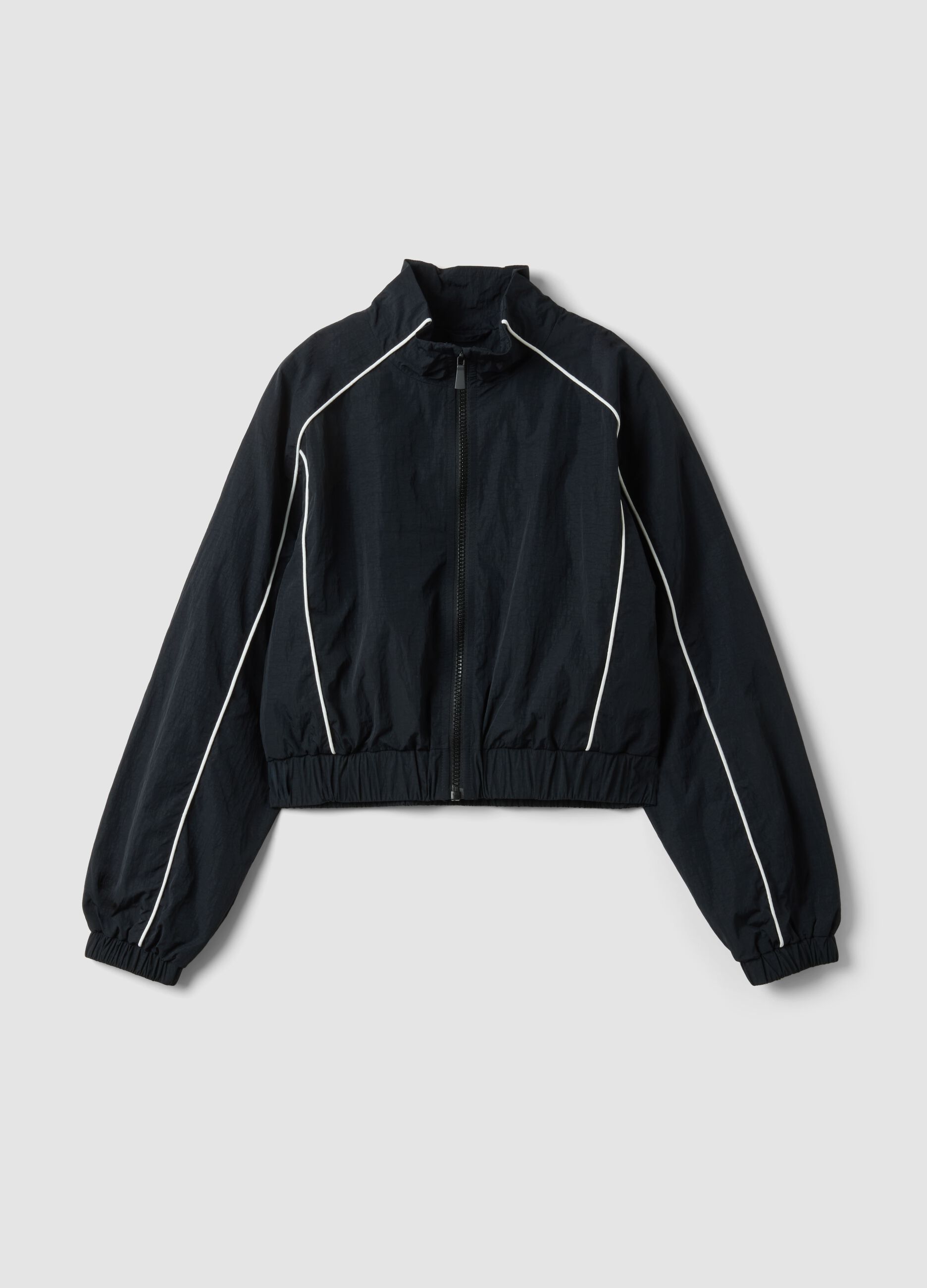 Black zip-up jacket with contrasting piping and high neck for girls