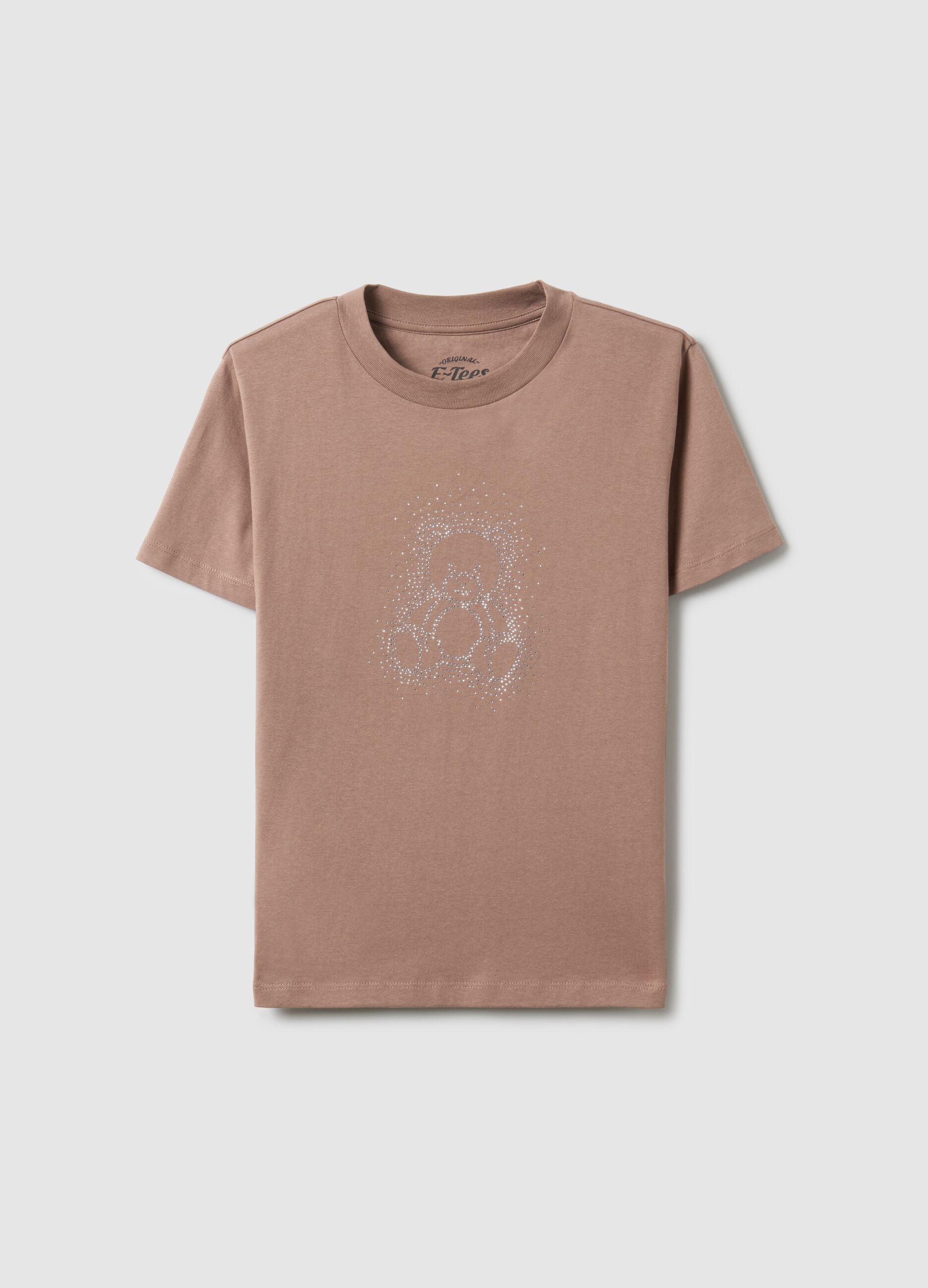 Pure cotton brown t-shirt regular fit with glittery teddy bear