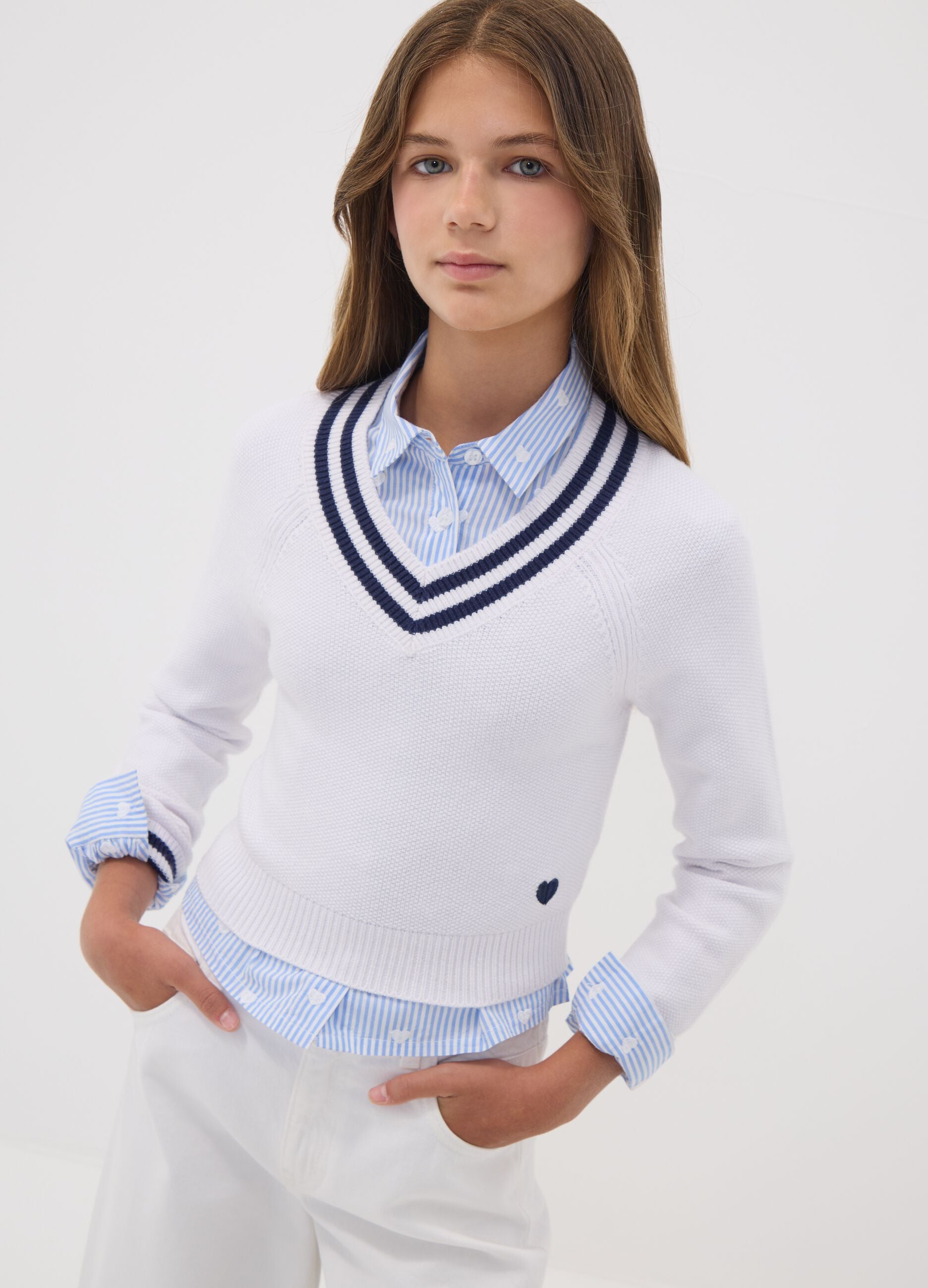 White V-neck viscose-blend jumper with striped trims for girls