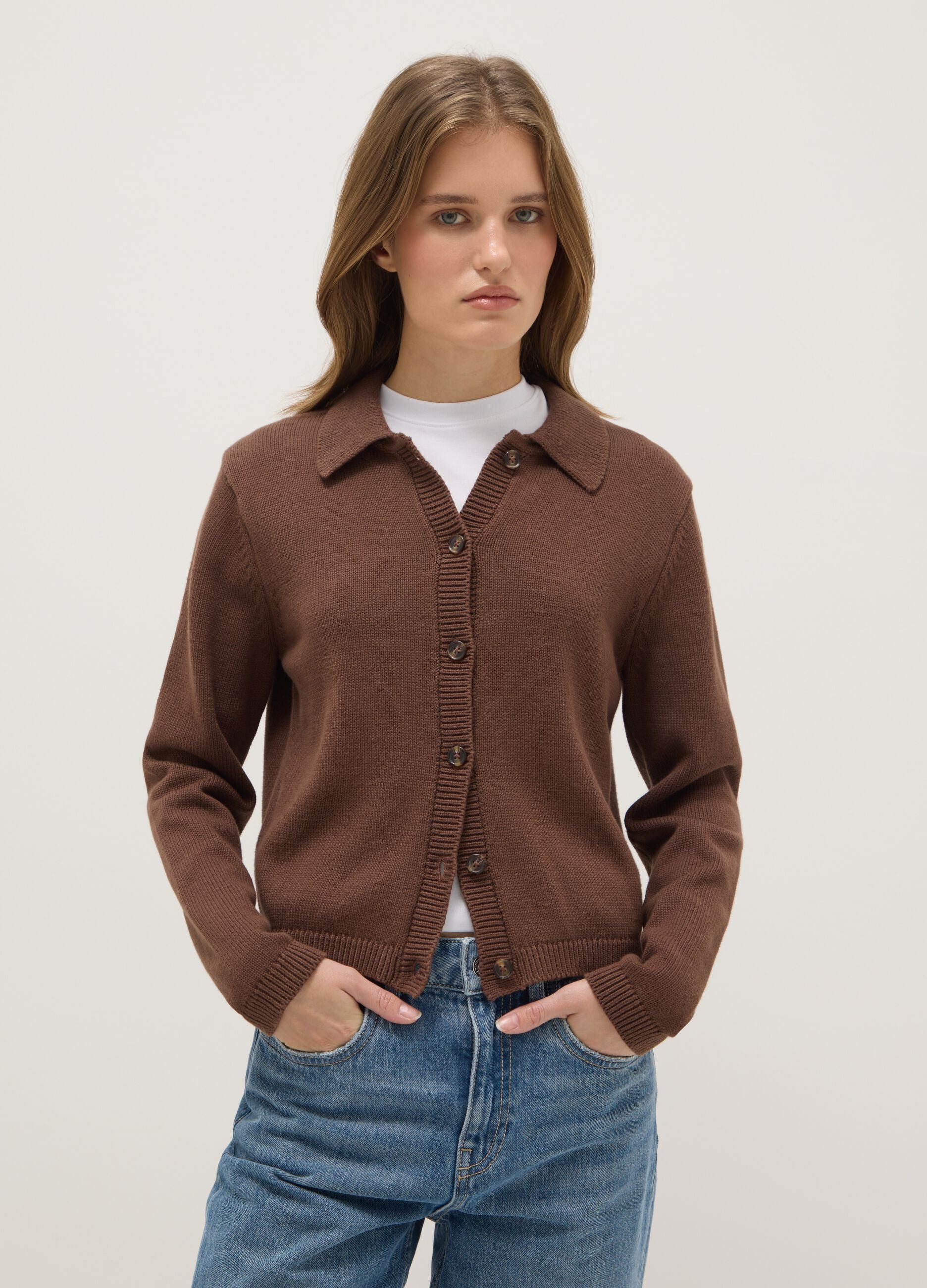 Brown cardigan with polo collar in pure cotton, regular fit