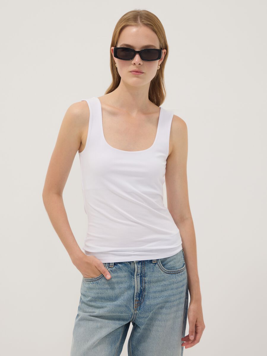 White fitted stretch-cotton tank top_1