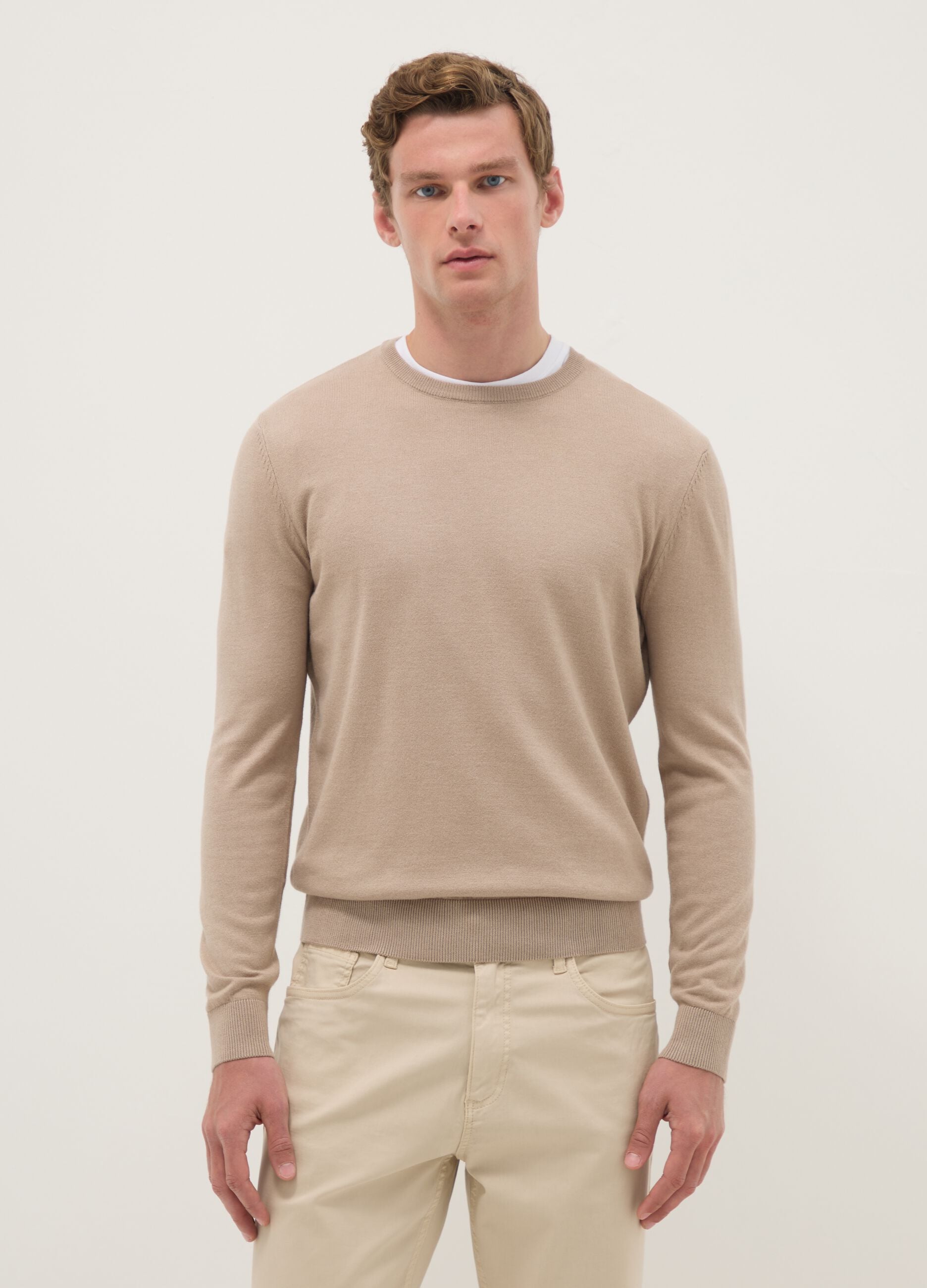 Beige crew neck pullover in regular fit cotton blend