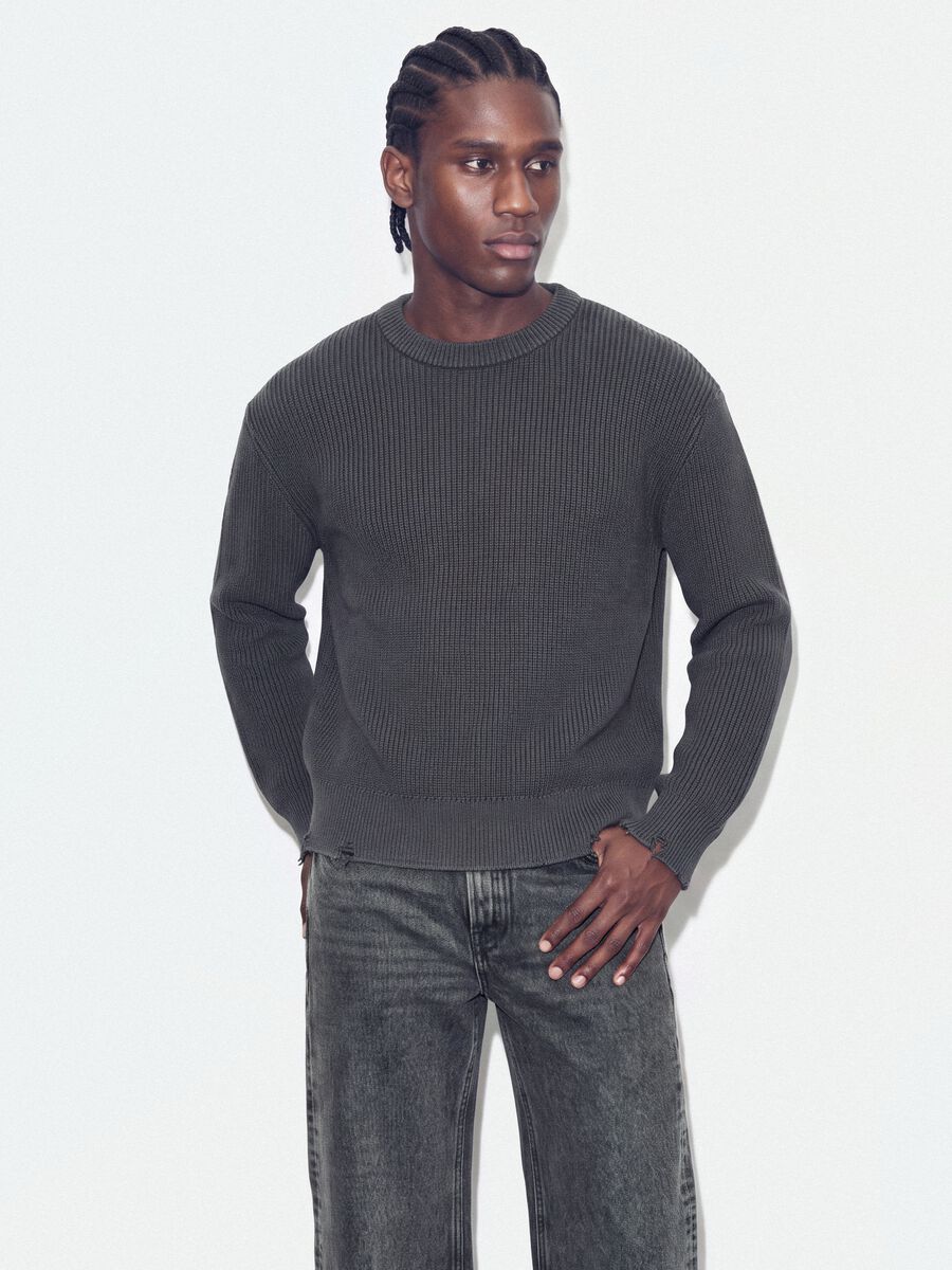 Maglia grigia in puro cotone a coste con girocollo regular fit_0
