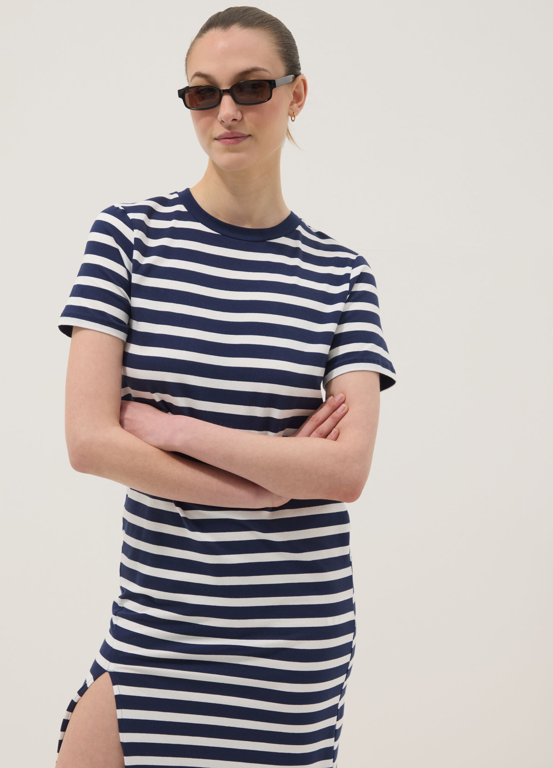 Blue striped stretch cotton maxi dress