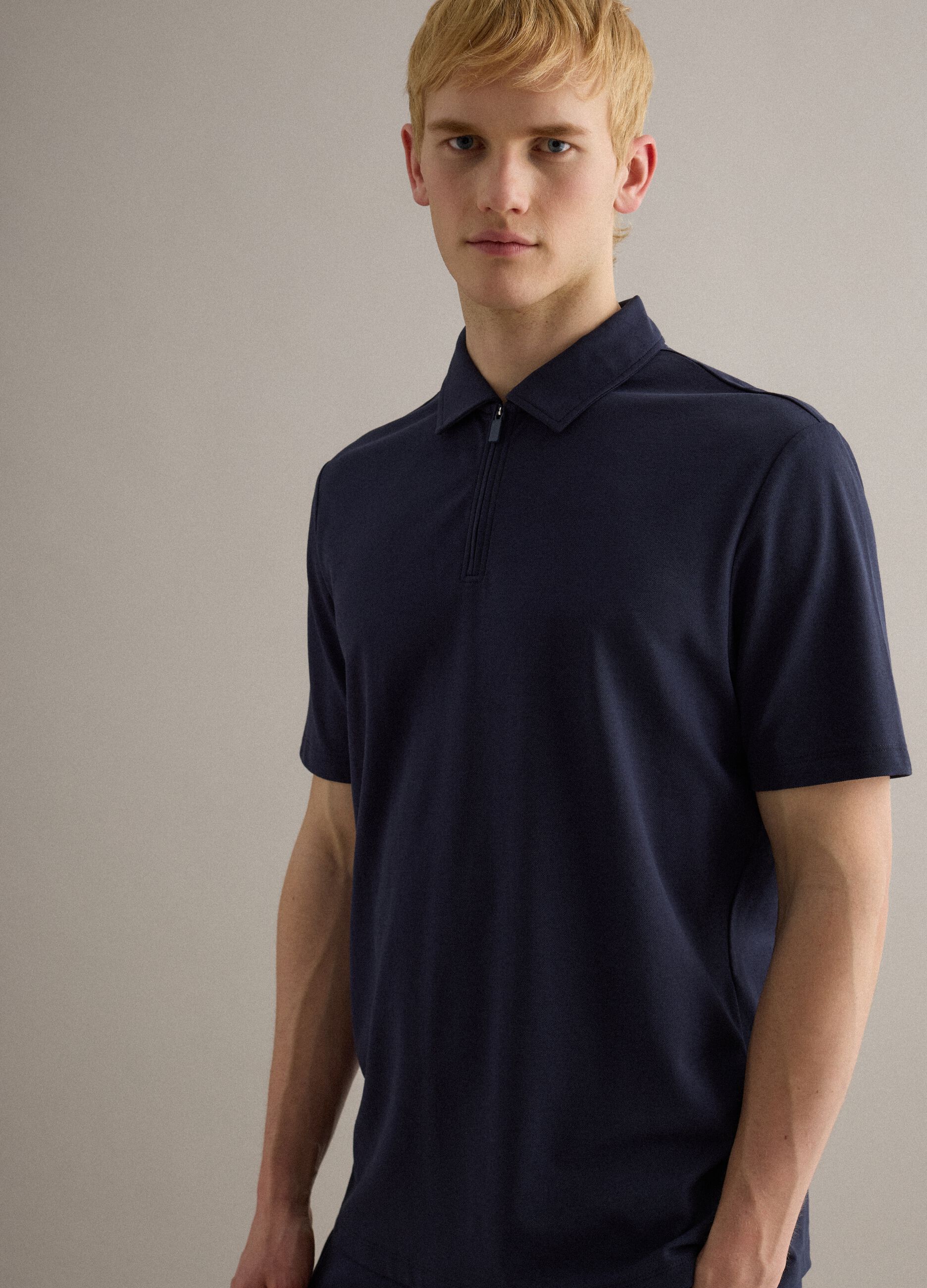 Short-sleeved blue stretch cotton polo regular fit