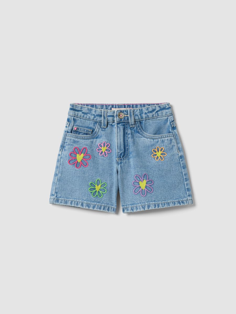 Girl's regular fit light blue denim cotton shorts with embroidery_0