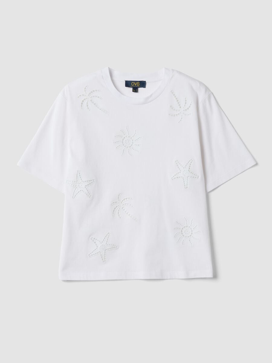 White pure cotton T-shirt with broderie anglaise embroidery, regular fit_4