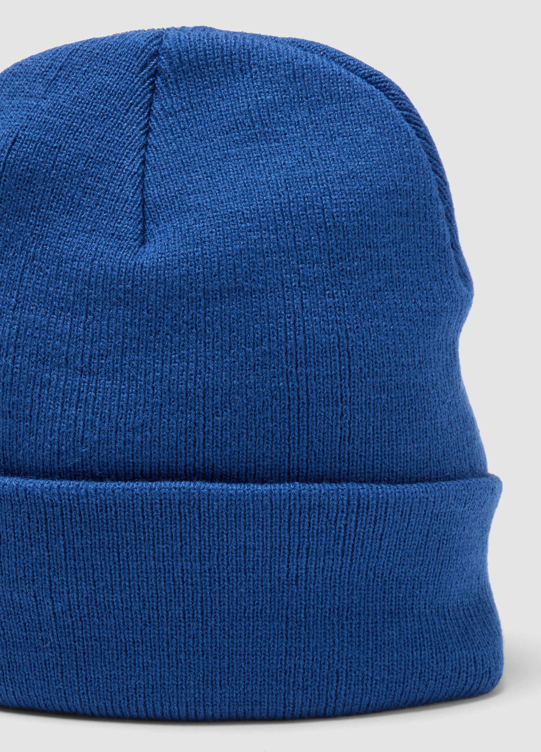Blue jersey knit beanie with turn-up