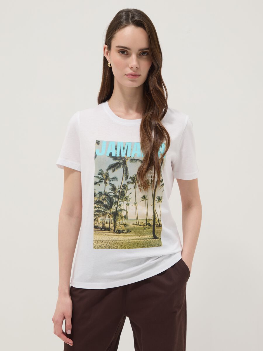 White pure cotton T-shirt with front print, regular fit_0