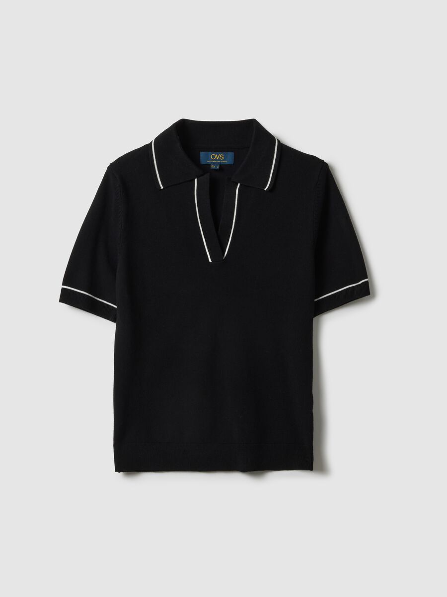 Black viscose blend slim fit polo with contrast stitching_4