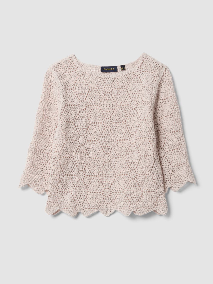 T-shirt beige in crochet di puro cotone regular fit_4