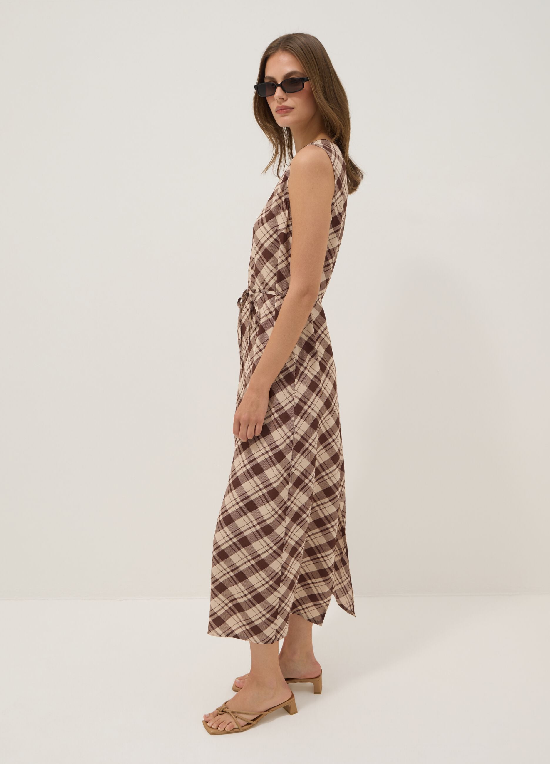 Brown checked pure viscose midi dress, regular fit
