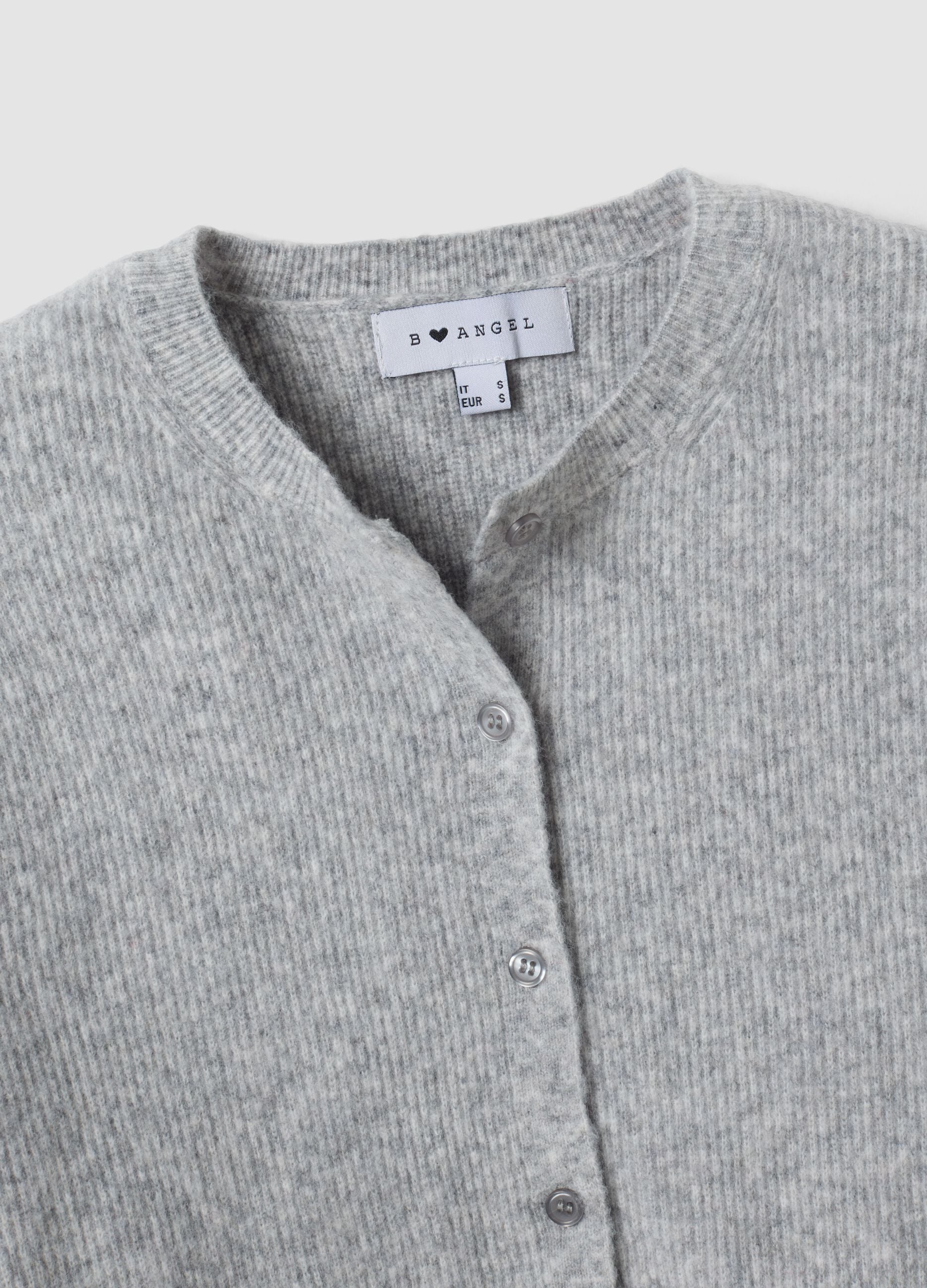 Grey crew-neck cardigan in lyocell and wool blend, oversized fit