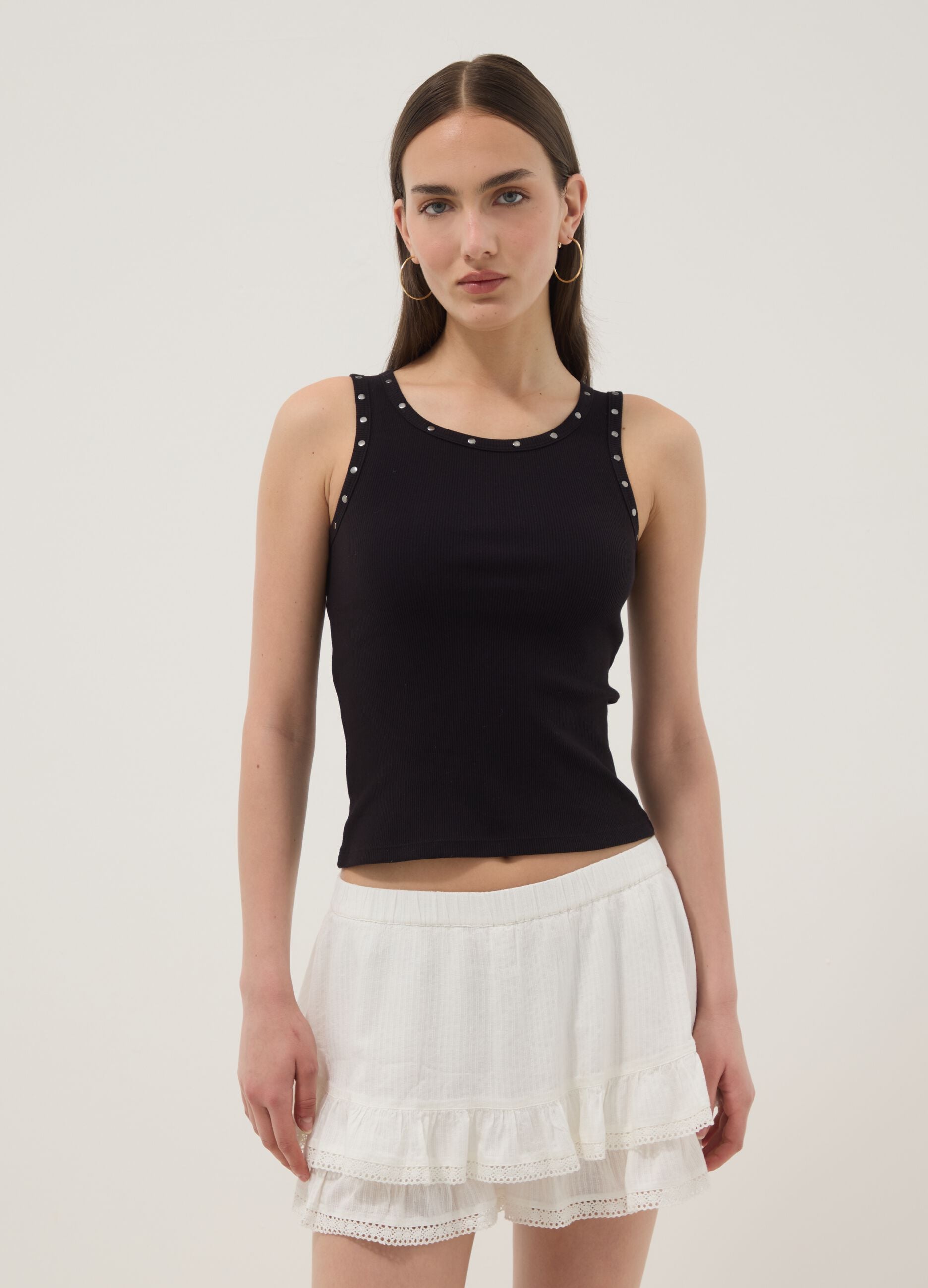 Blue stretch cotton tank top with studs
