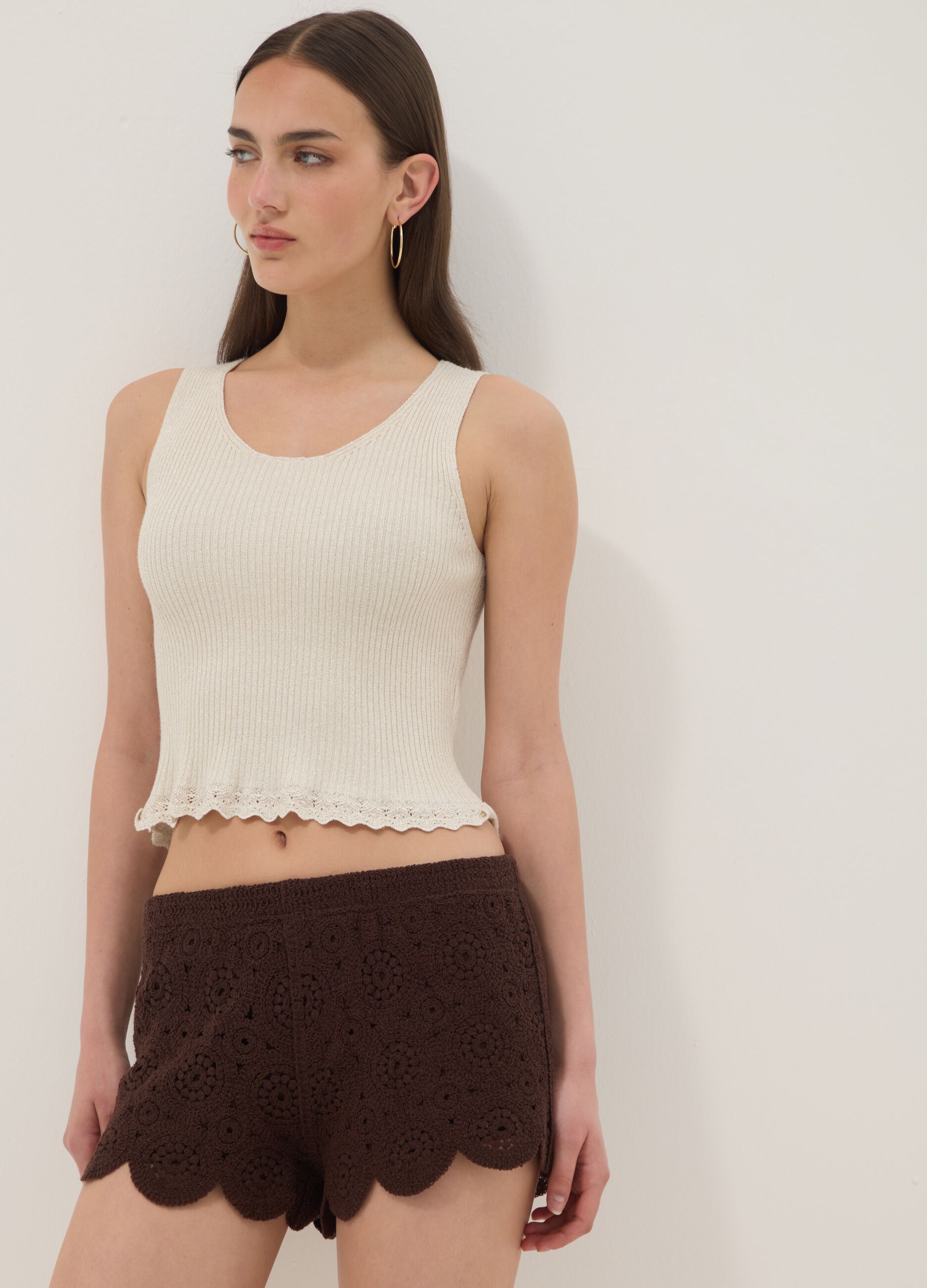 Brown crochet regular-fit cotton-blend shorts