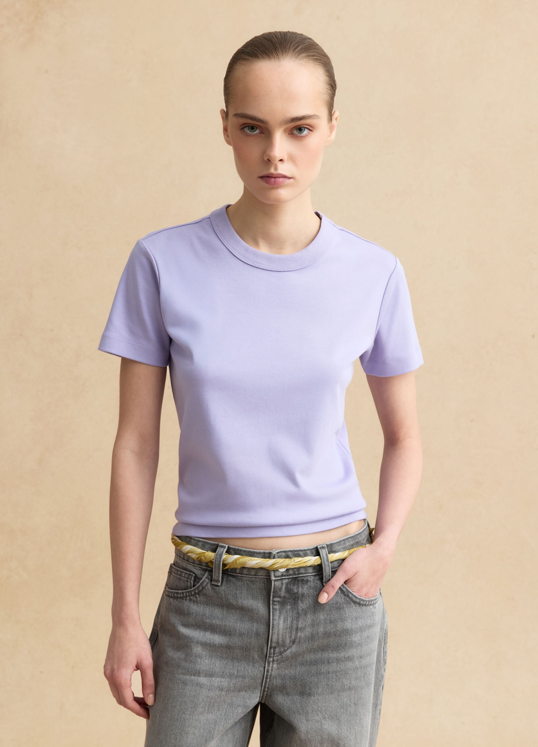 Purple short-sleeved cotton blend T-shirt regular fit