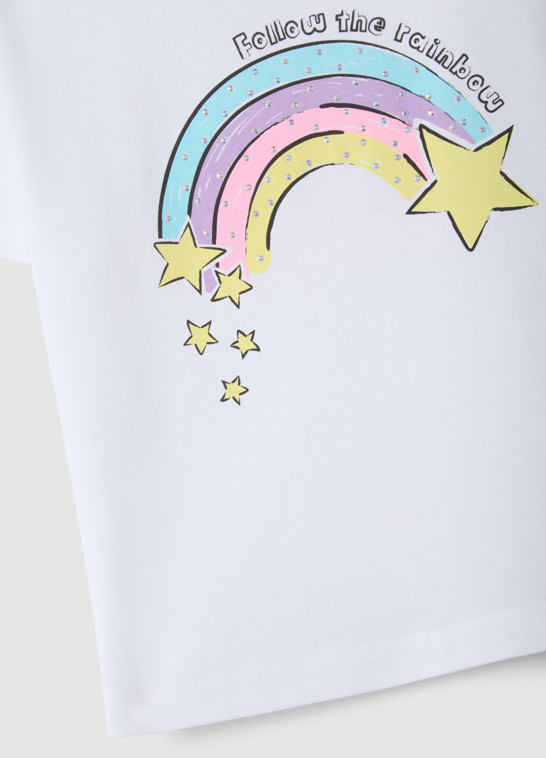 Girl's white pure cotton T-shirt regular fit with rainbow