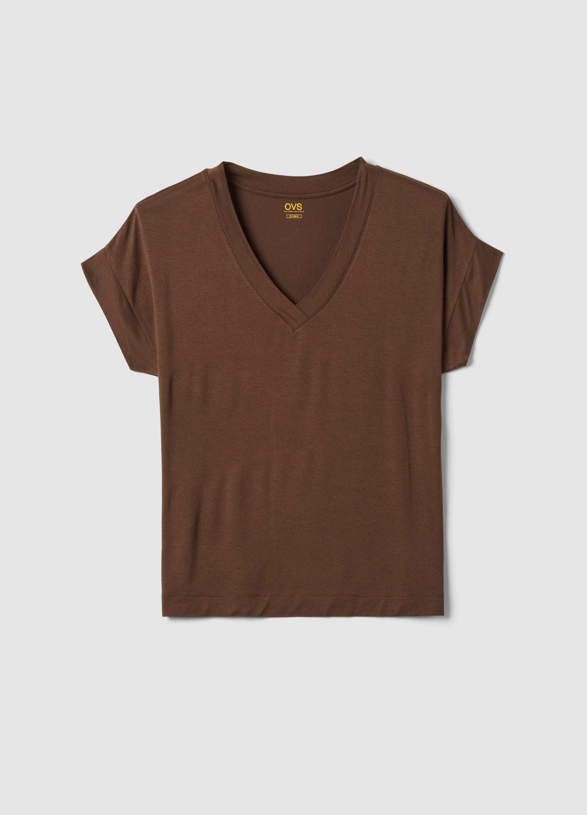 Brown stretch viscose V-neck T-shirt