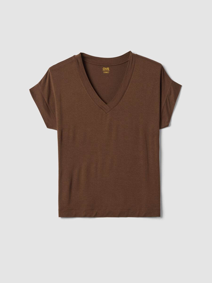 Brown stretch viscose V-neck T-shirt_4