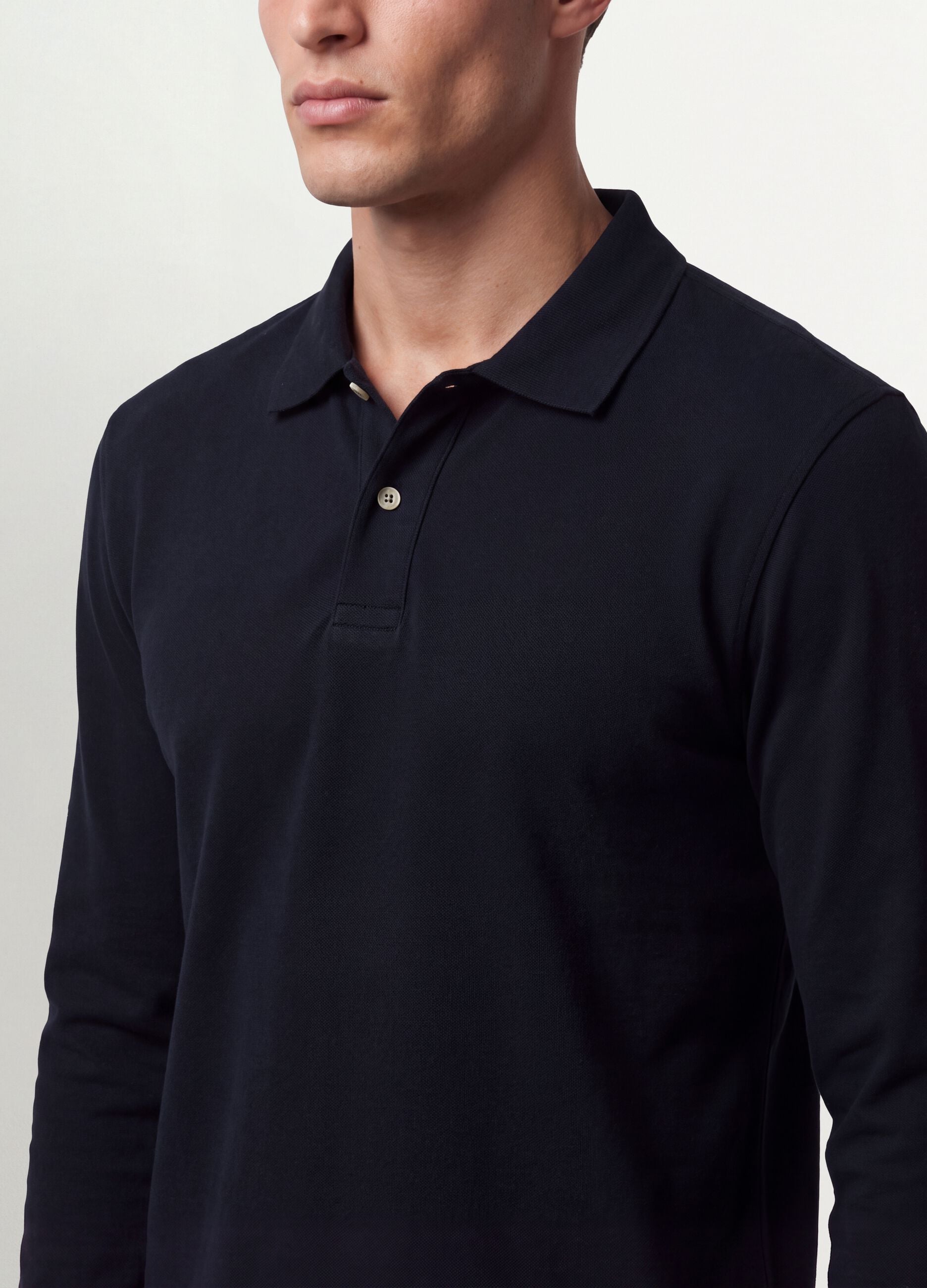 Blue long-sleeve organic cotton piqu&eacute; polo shirt, regular fit