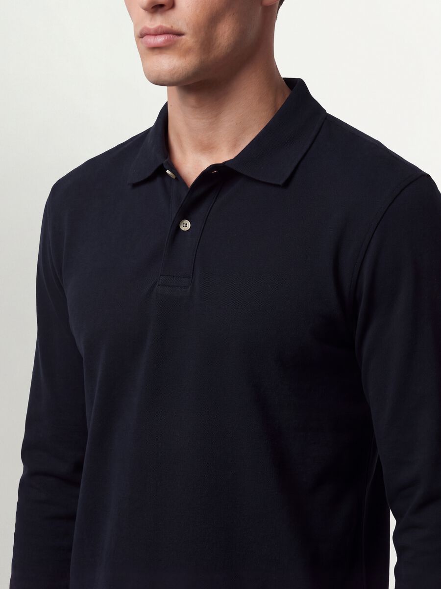 Blue long-sleeve organic cotton piqu&eacute; polo shirt, regular fit_2