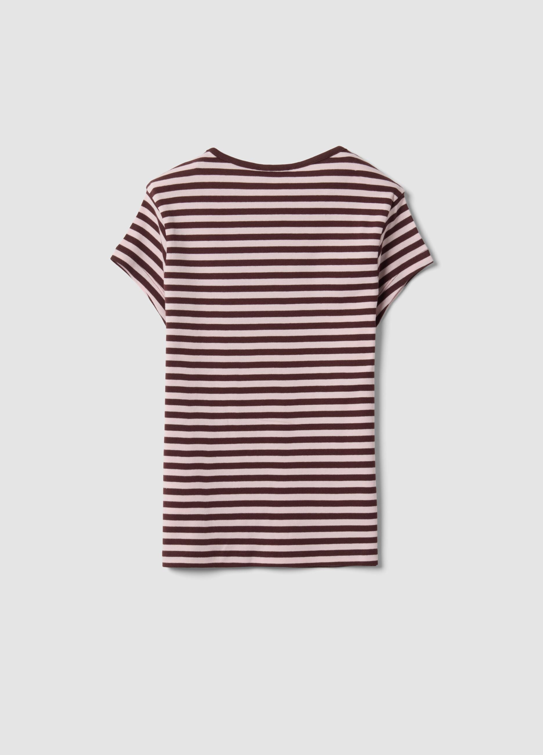 Brown pure cotton crew-neck striped T-shirt