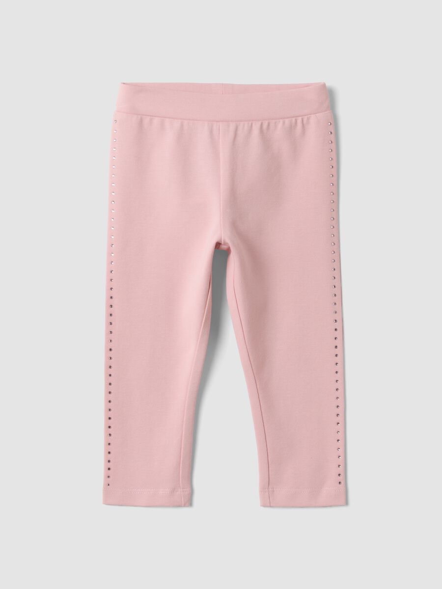 Pink stretch organic cotton leggings with rhinestones for baby girl_0