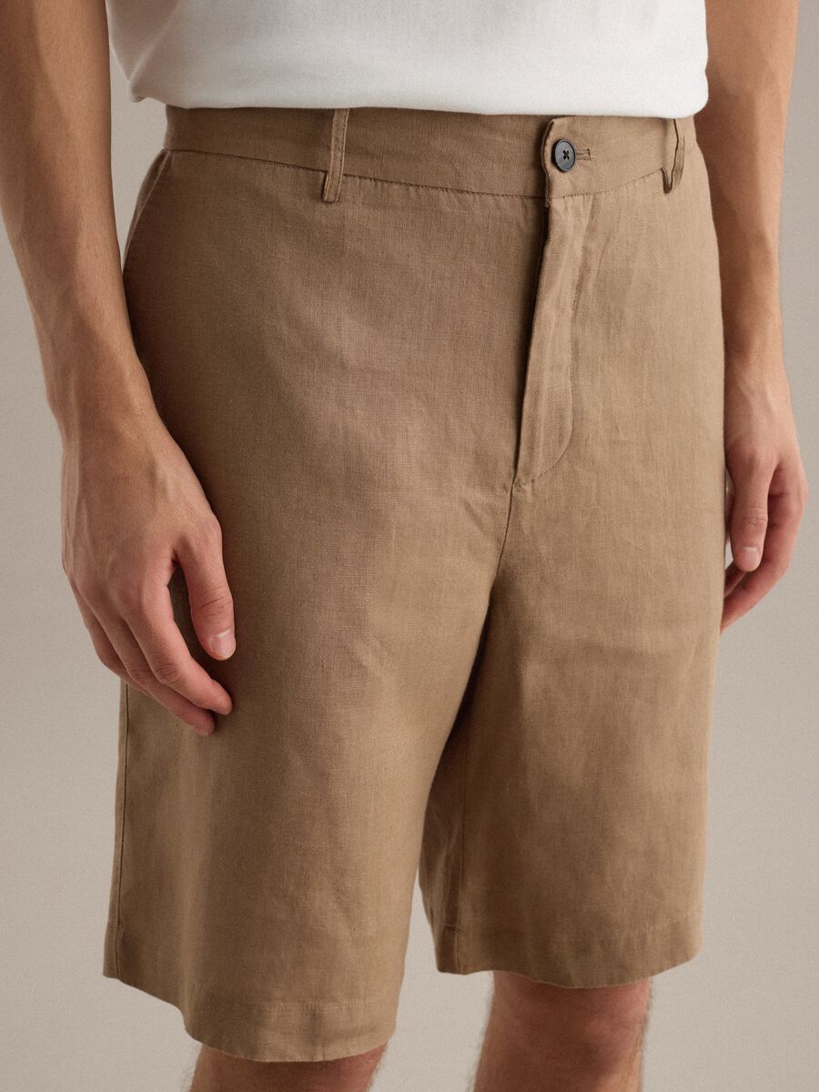 Regular Fit Brown Pure Linen Bermuda Shorts_3