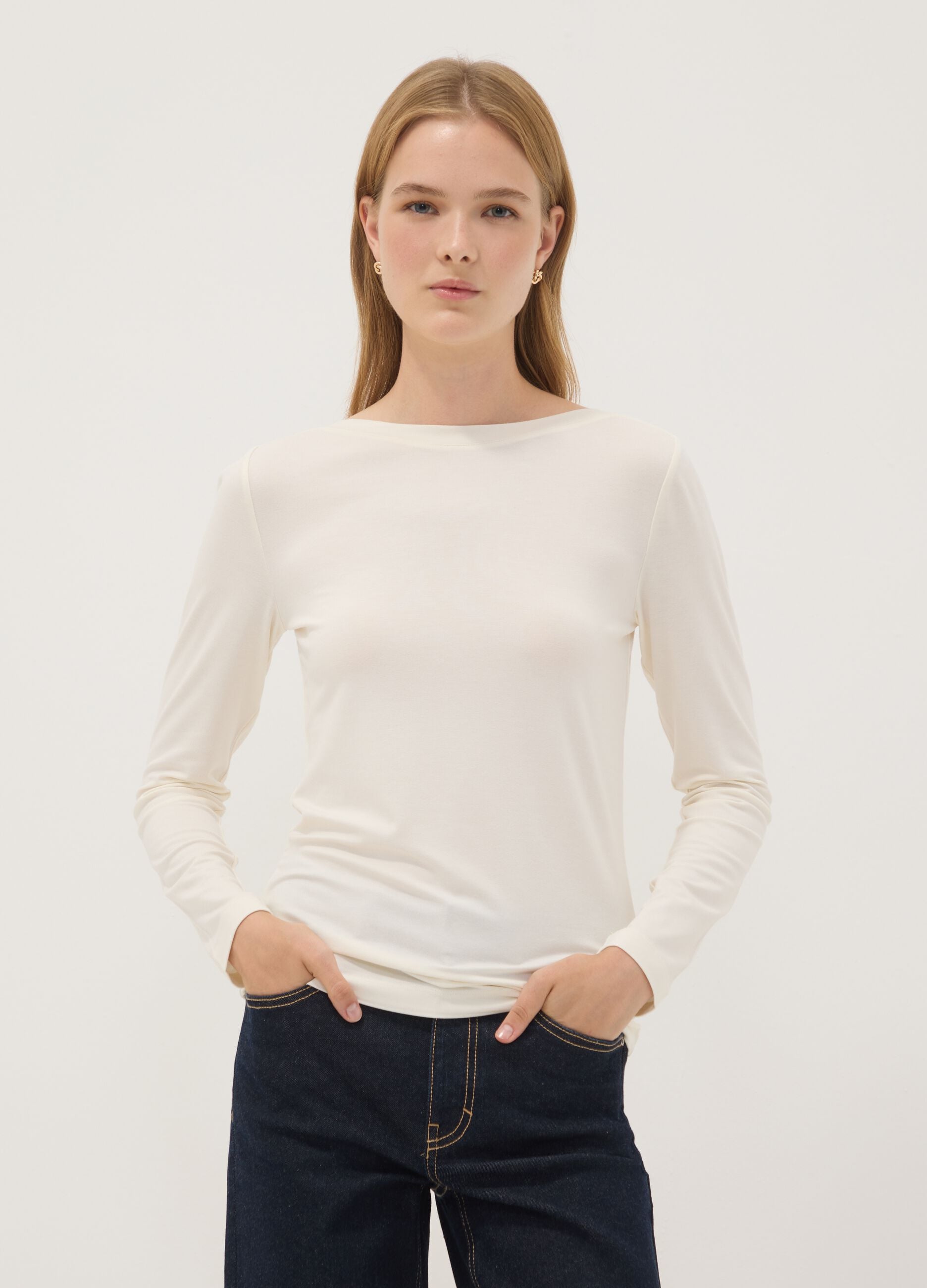 White stretch viscose slim-fit T-shirt