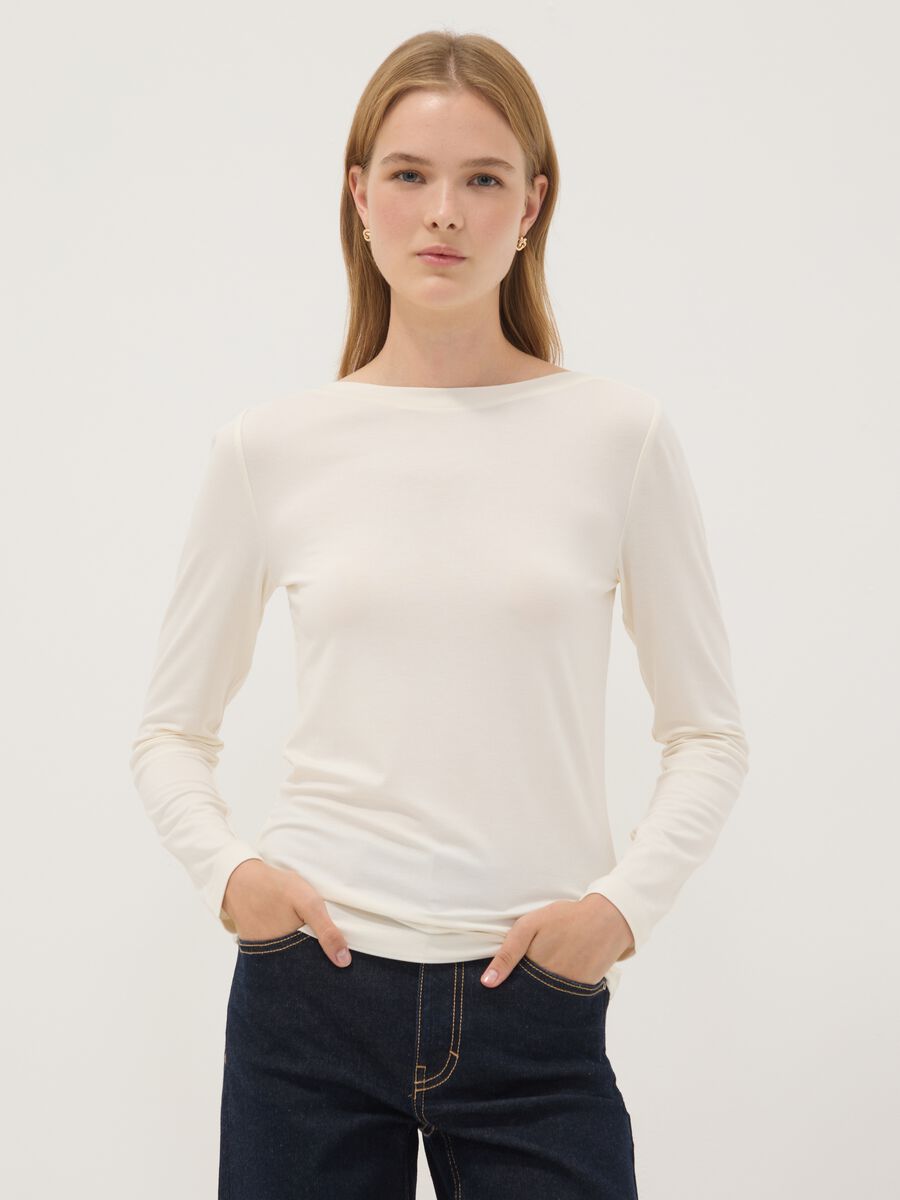 White stretch viscose slim-fit T-shirt_0
