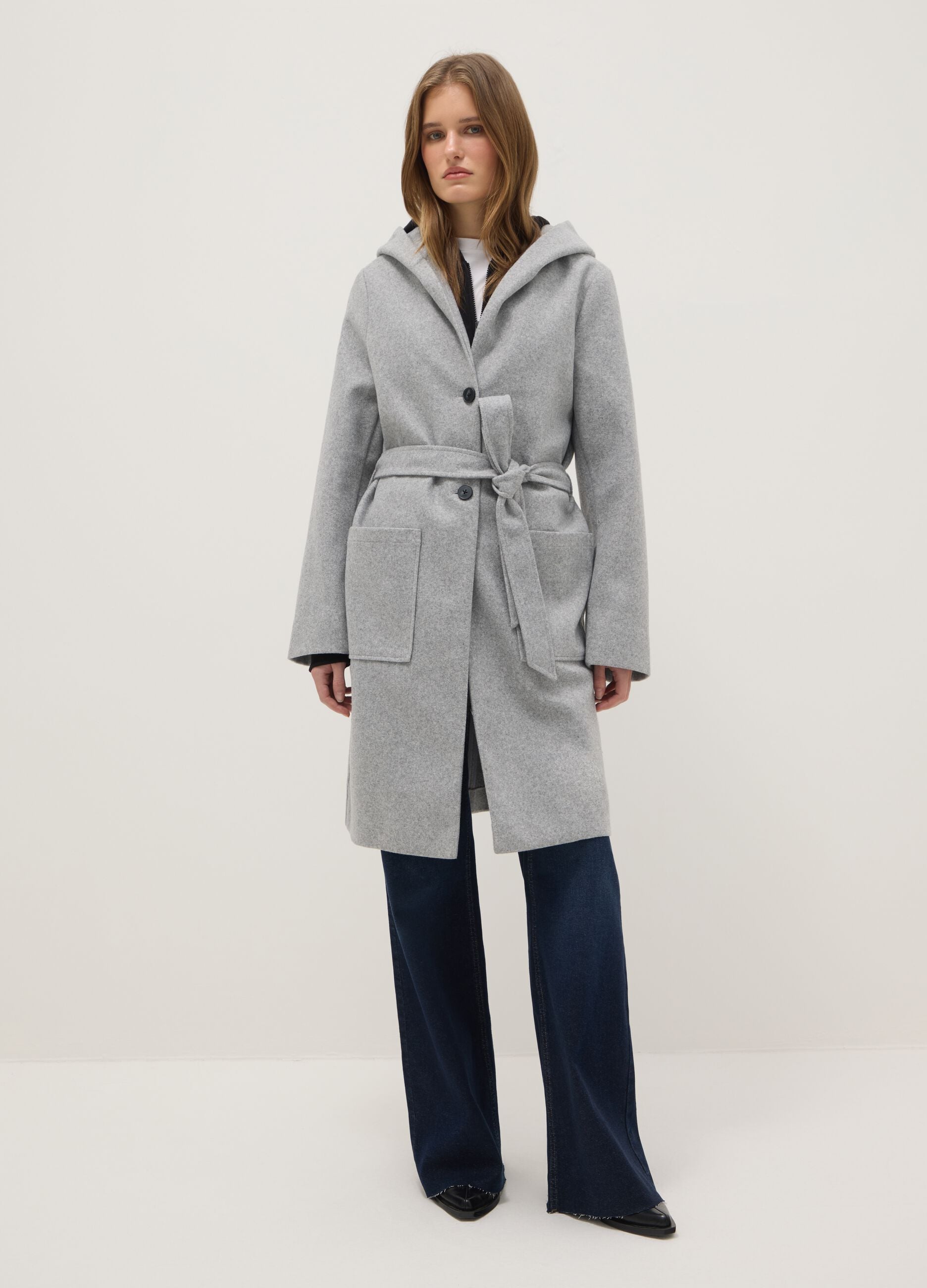 Grey single-breasted regular fit coat with belt