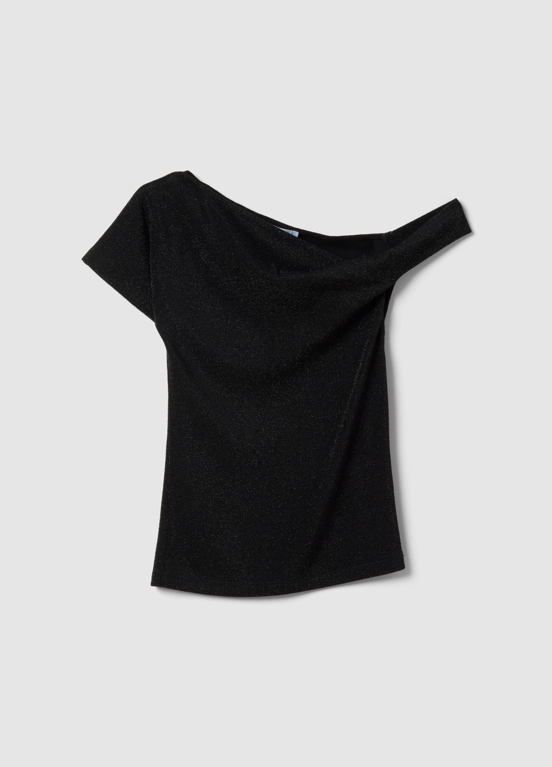 Black viscose blend slim fit T-shirt with Madonna neckline