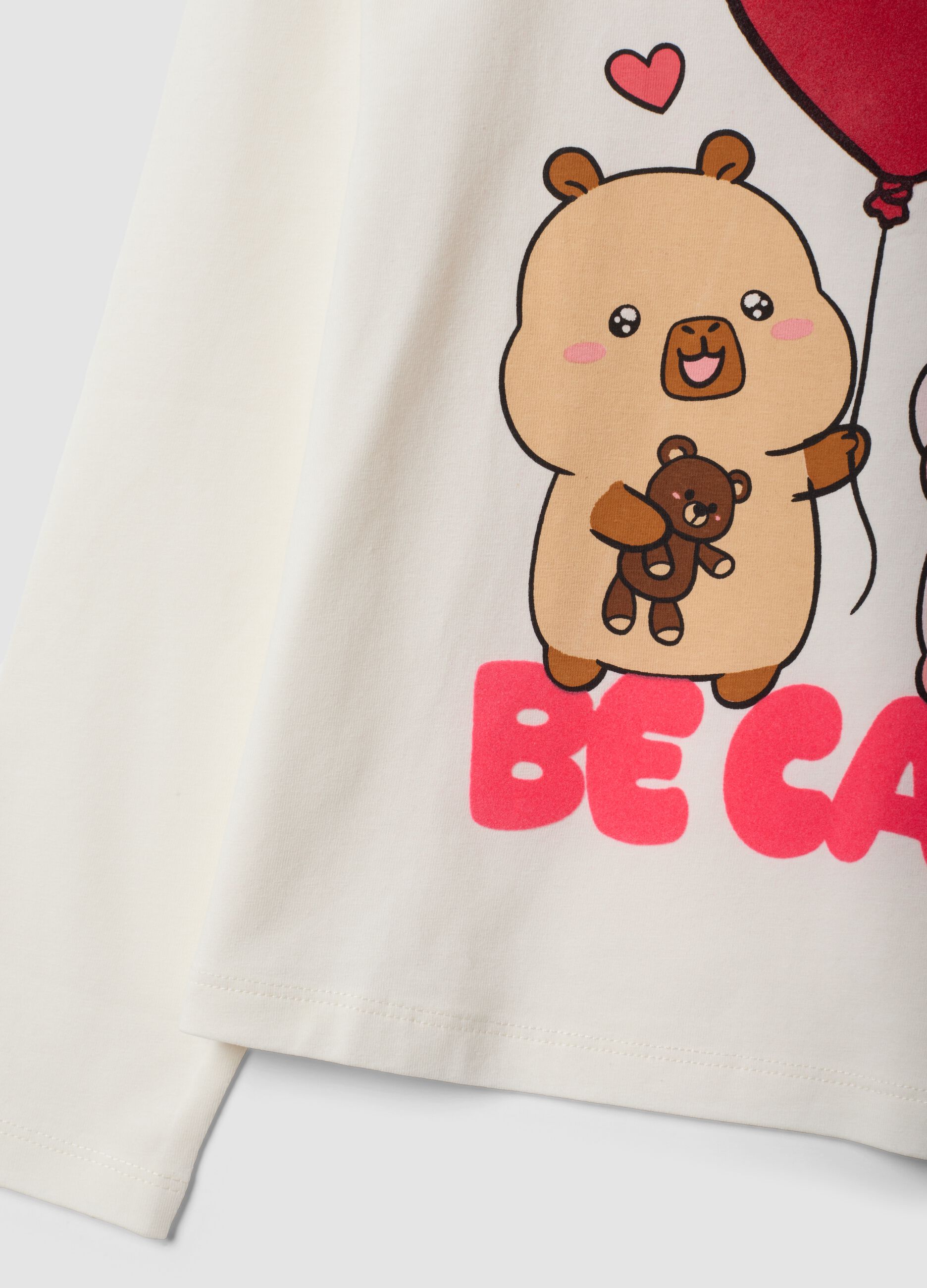 White stretch cotton capybara print T-shirt for girls