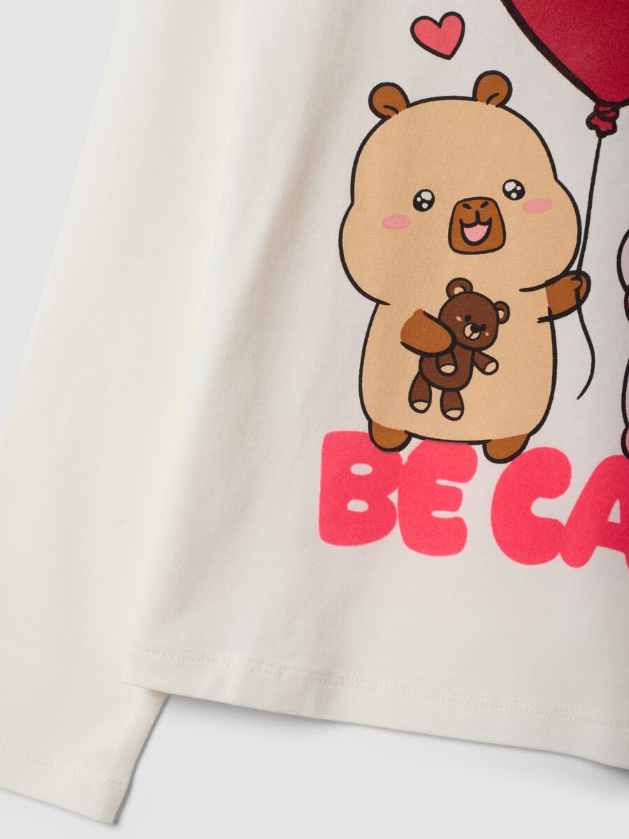 White stretch cotton capybara print T-shirt for girls_3