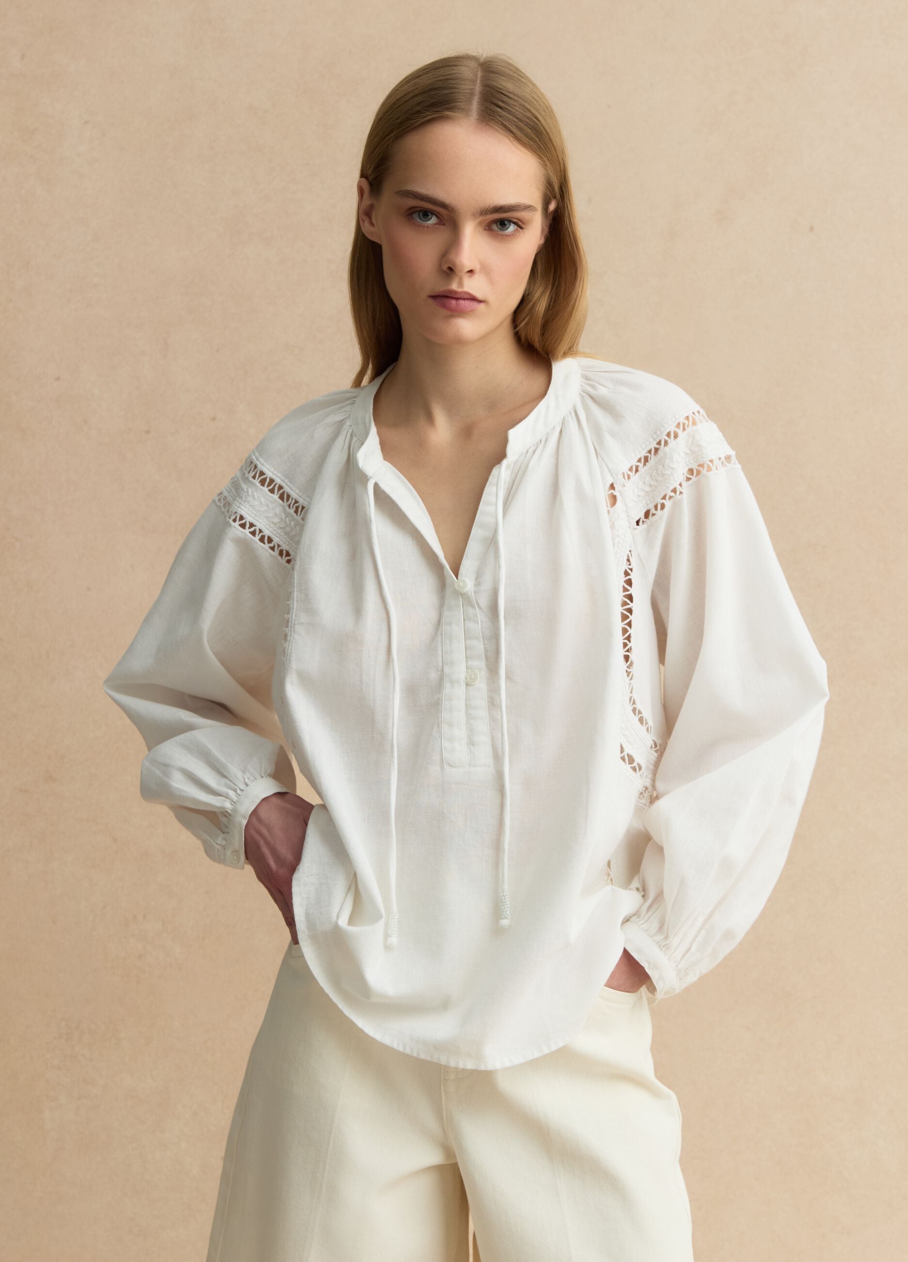 White regular fit cotton-linen blend blouse with eyelet details