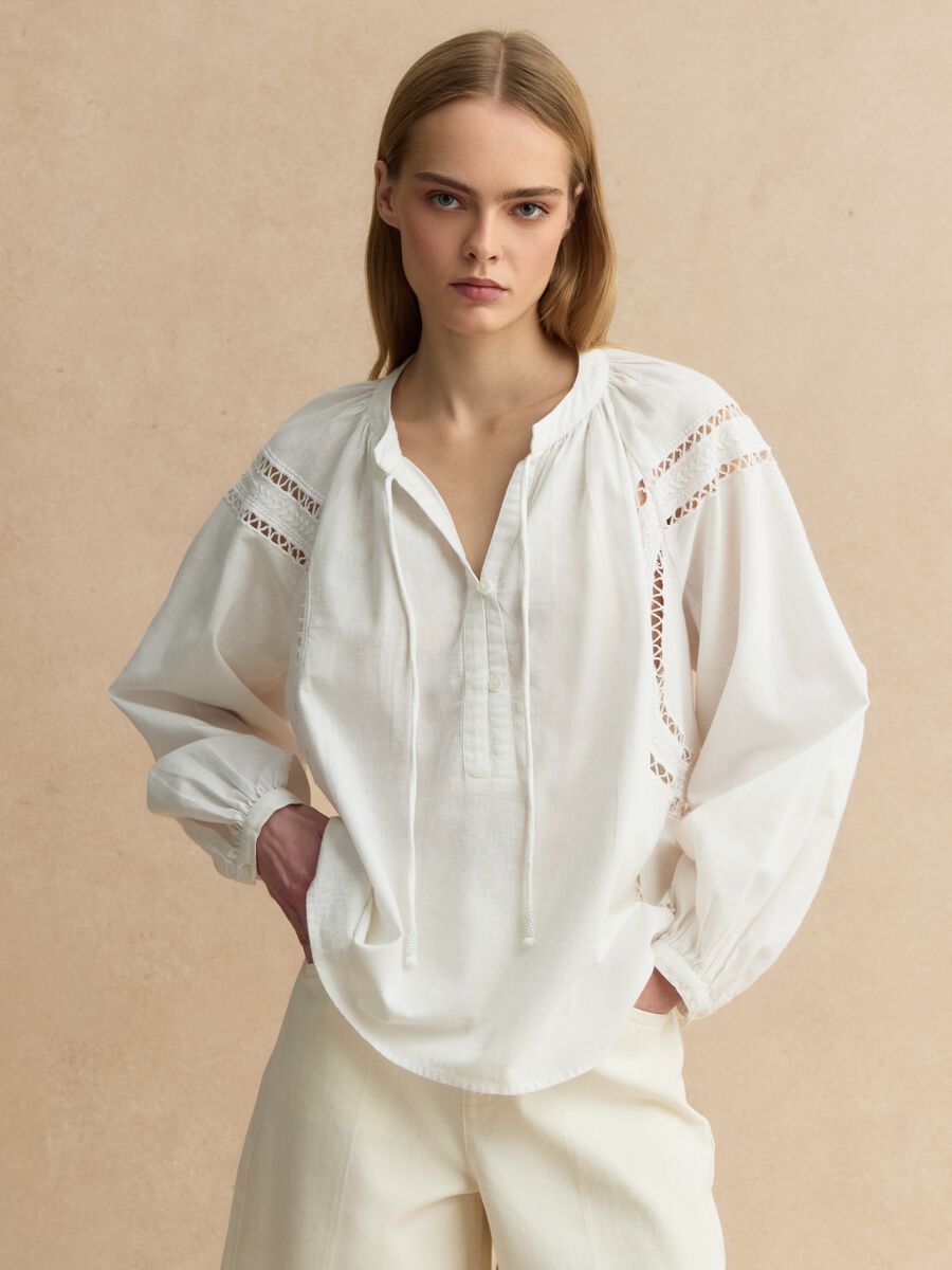 White regular fit cotton-linen blend blouse with eyelet details_0