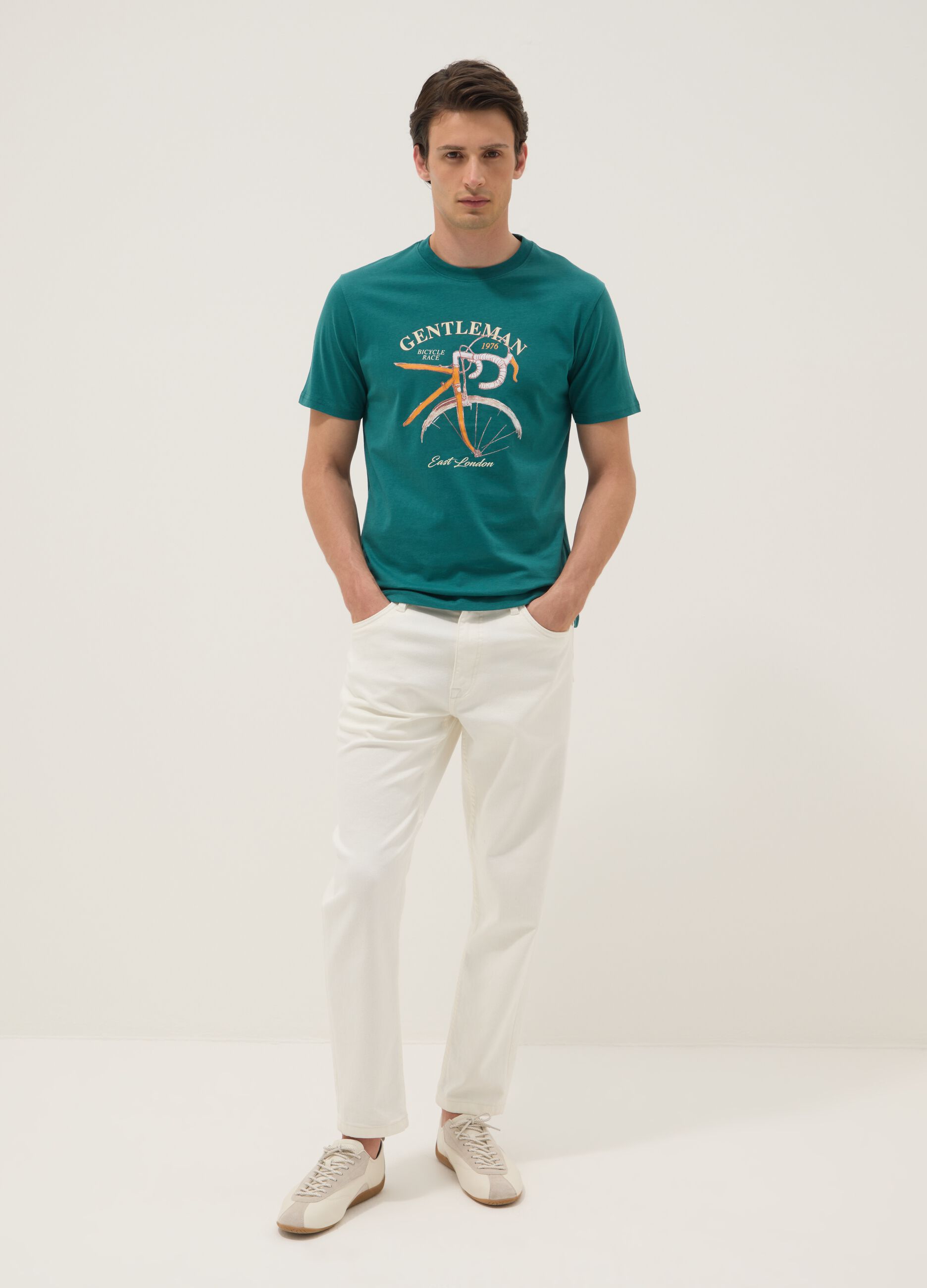 Green short-sleeve pure cotton T-shirt, regular fit