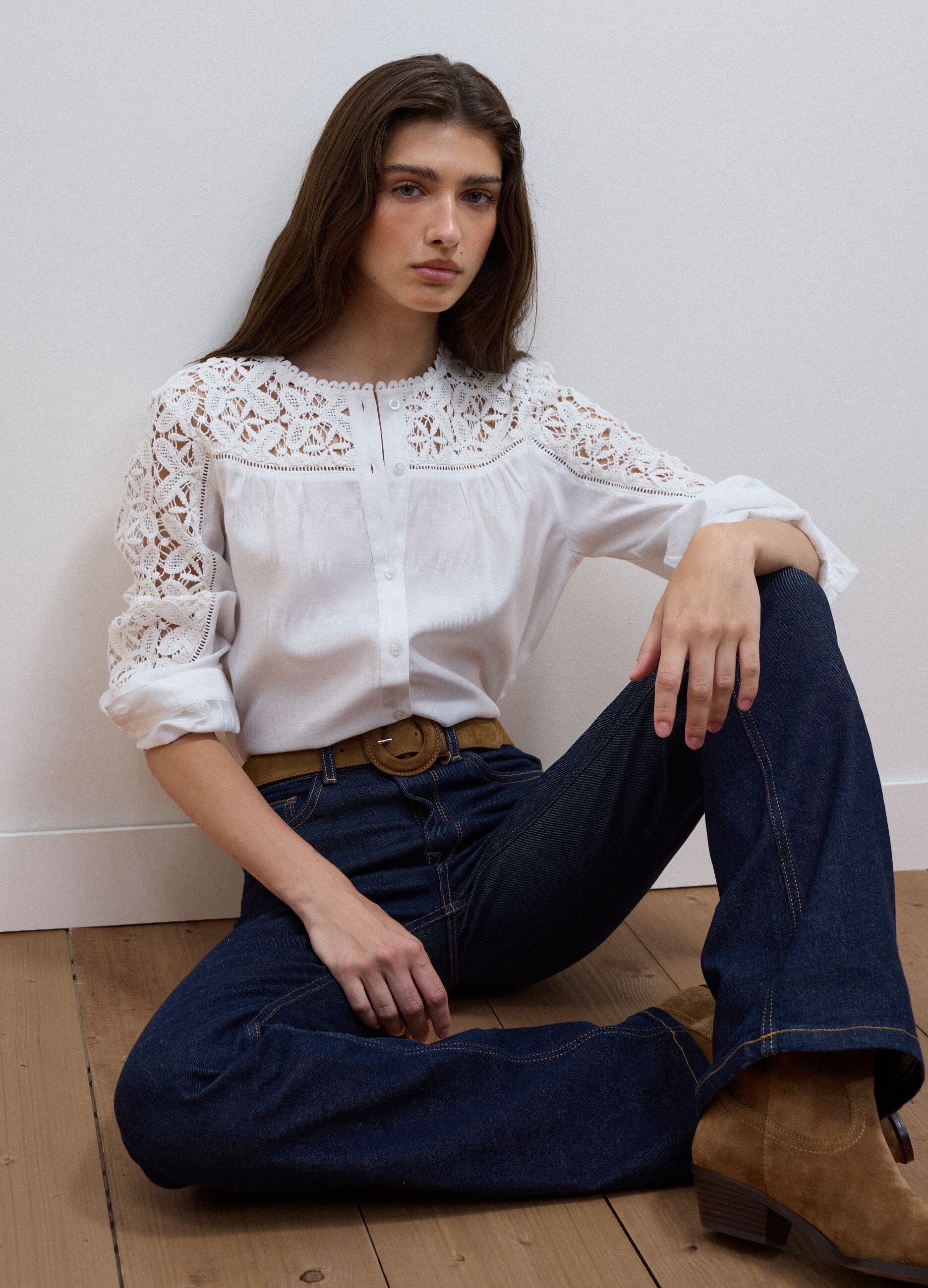 White regular-fit viscose-blend shirt with lace inserts