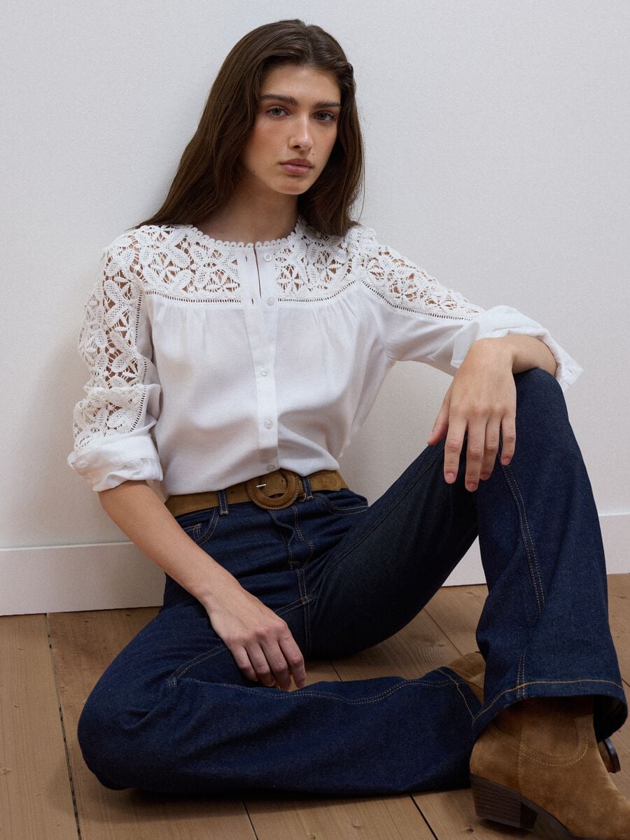 White regular-fit viscose-blend shirt with lace inserts_0