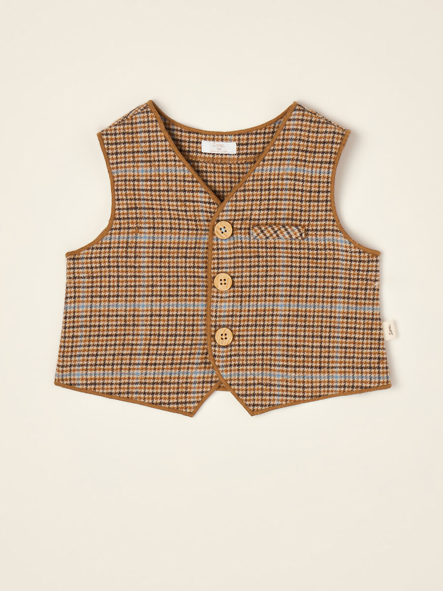Gilet marrone a quadri in misto cotone con girocollo_0