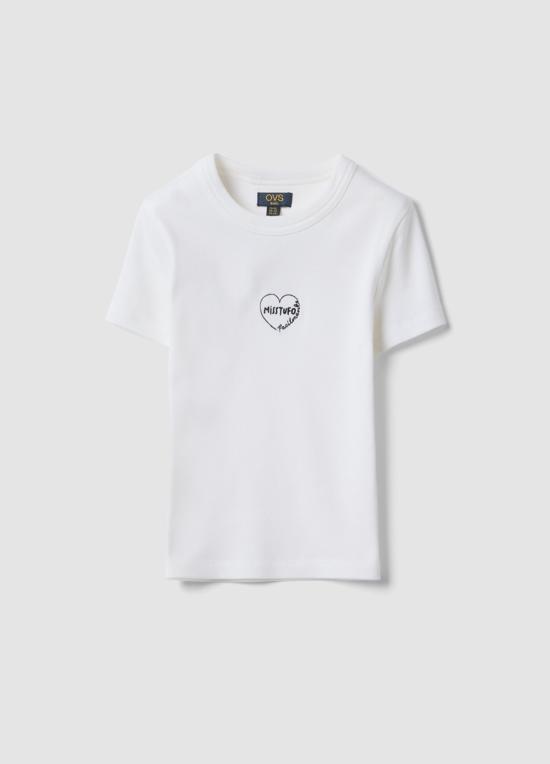 Girl's white fitted stretch cotton t-shirt with slogan