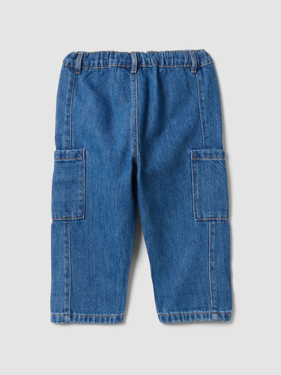 Blue denim cargo trousers in a cotton-viscose blend for baby boy_1