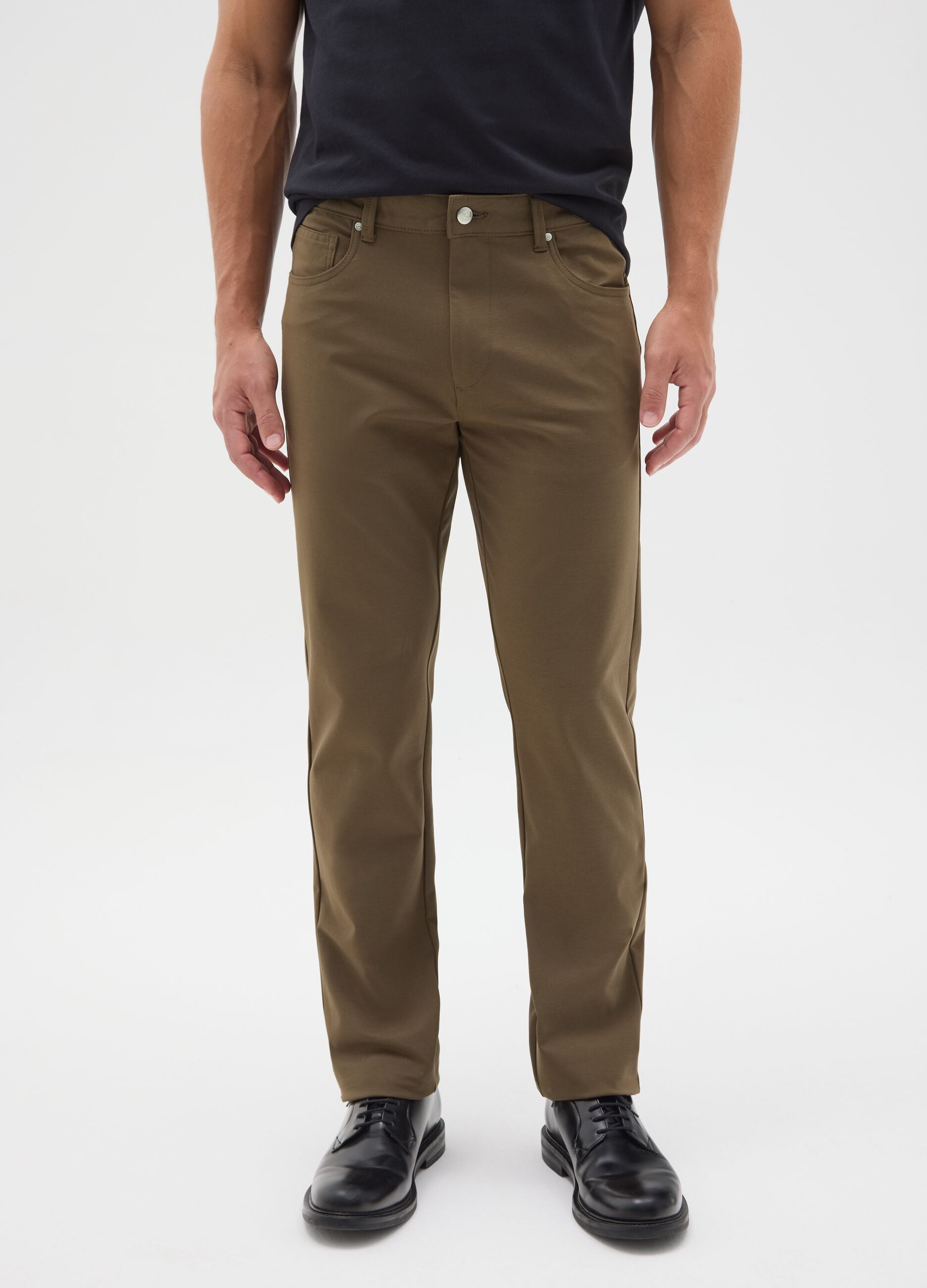 Brown cotton blend slim fit trousers