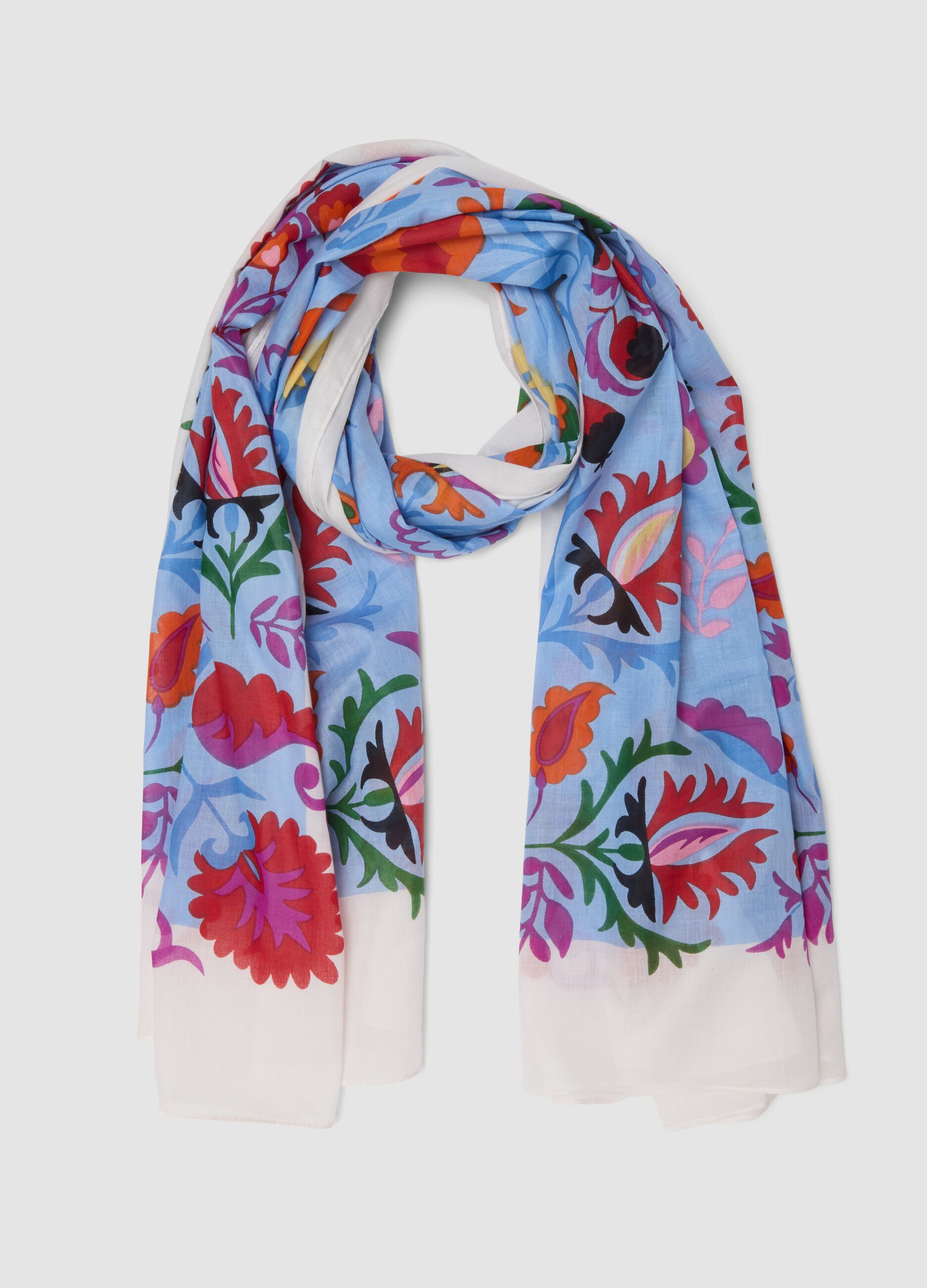 Light blue pure cotton scarf with floral print