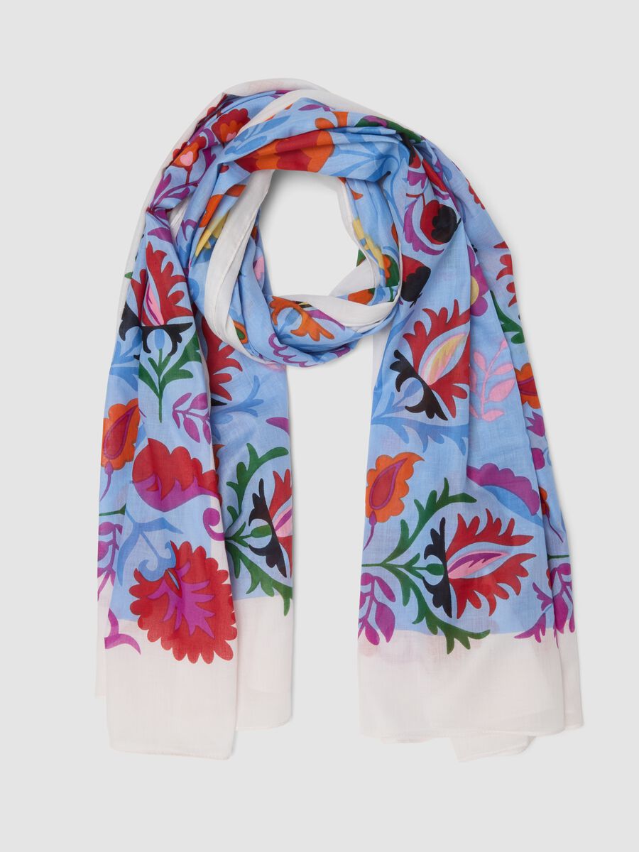Light blue pure cotton scarf with floral print_0