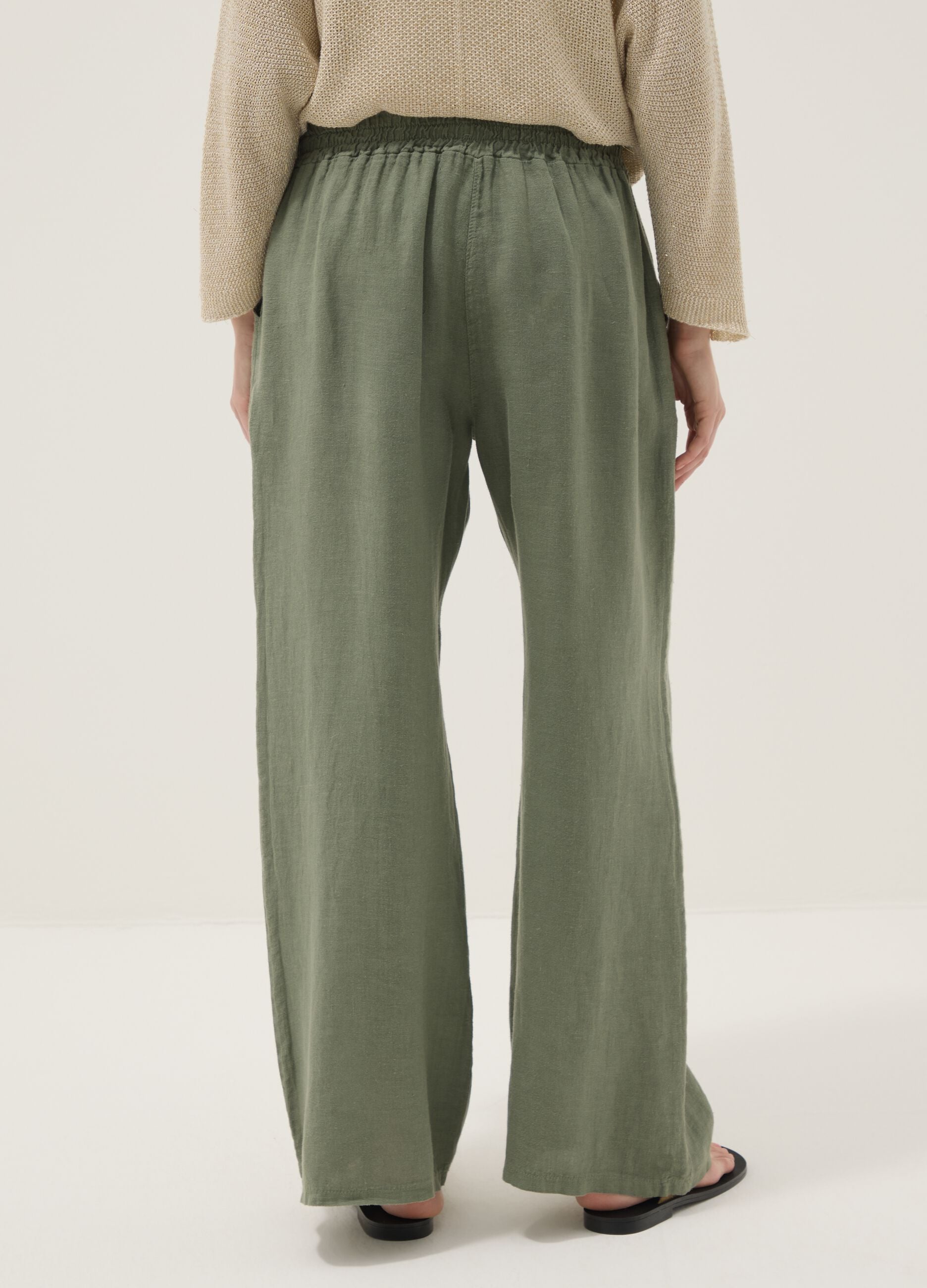 Green pure linen trousers with drawstring