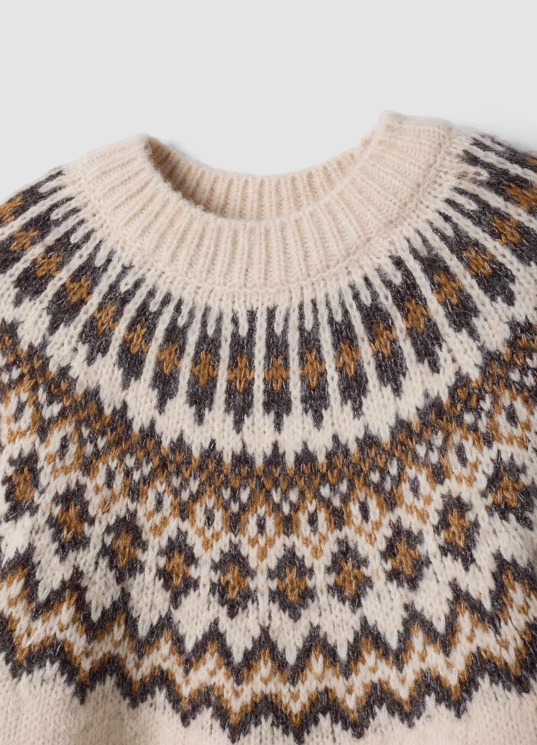 Beige Jacquard Jumper with High Neck