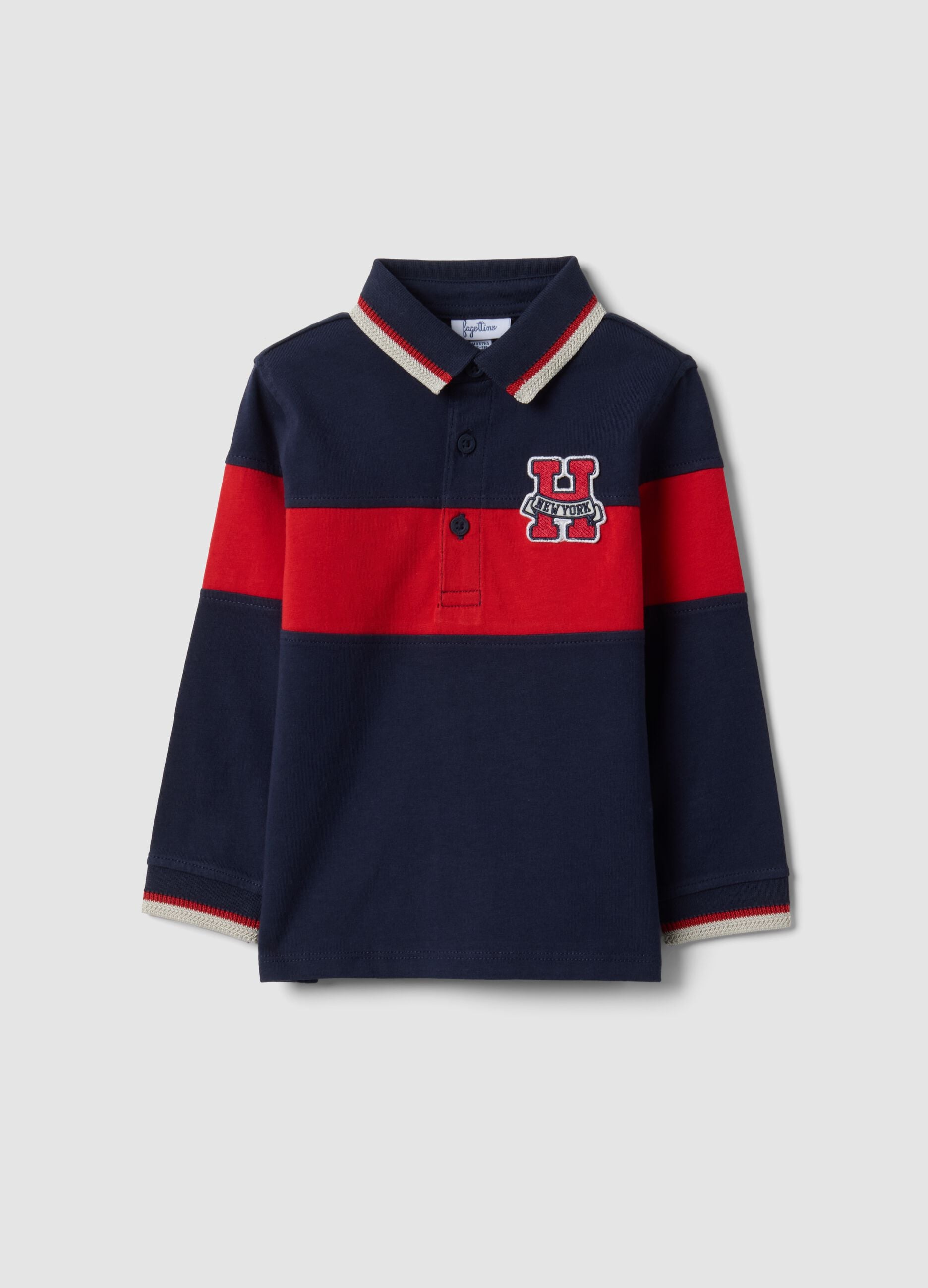 Blue striped long-sleeve pure cotton polo shirt for boys