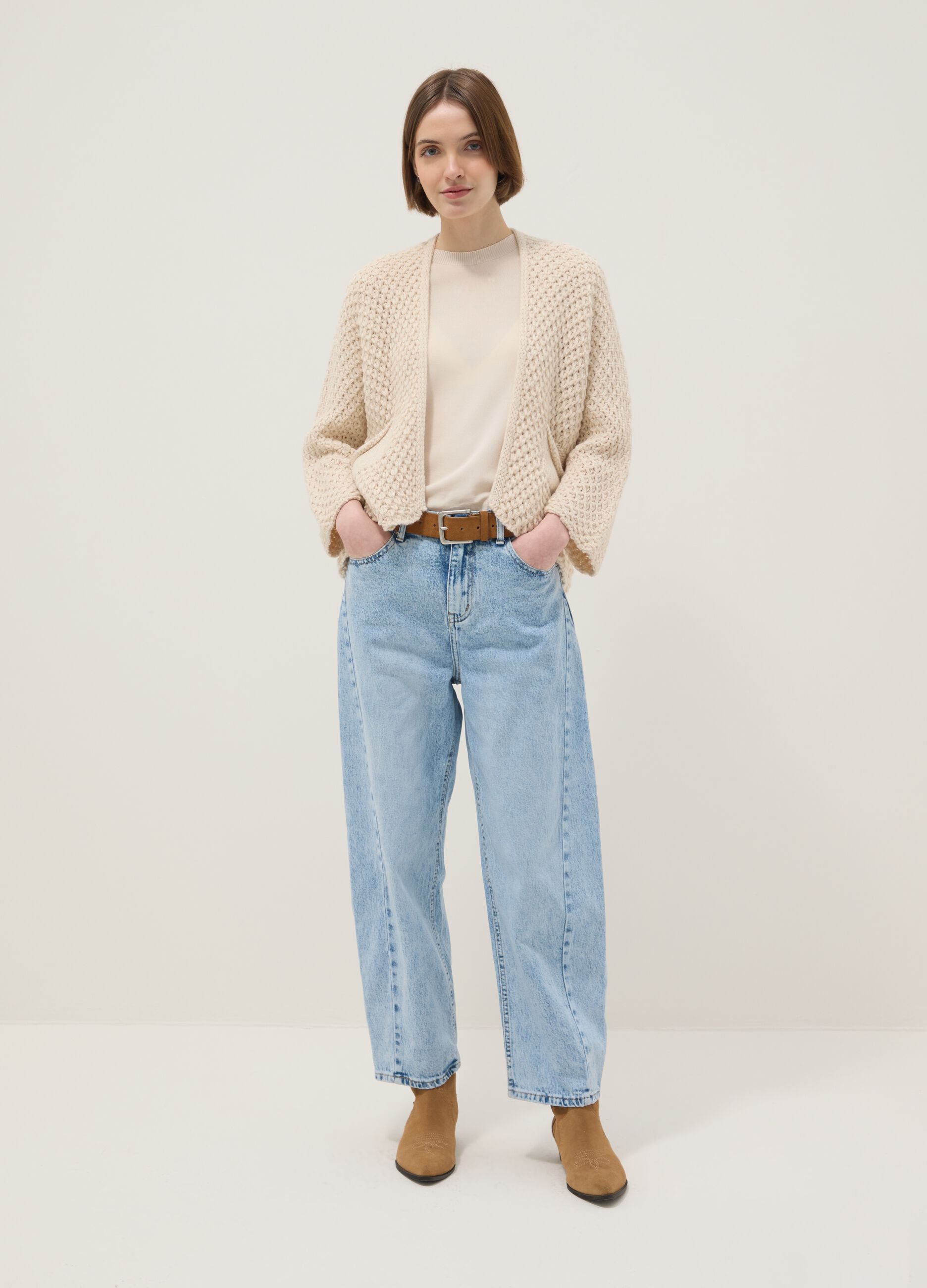 Beige Regular Fit Cable Knit Cardigan