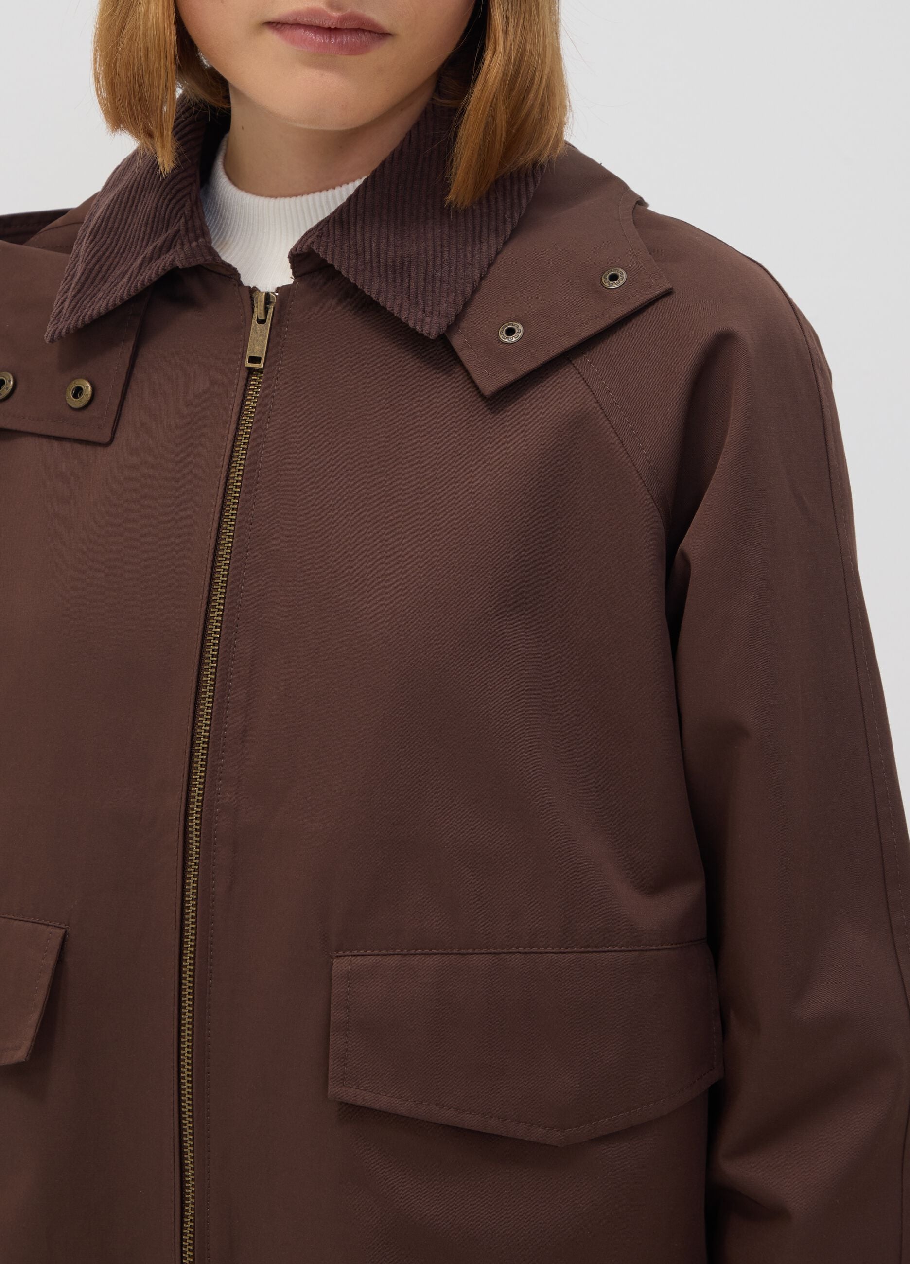 Brown cotton-blend parka jacket with hood and ribbed collar